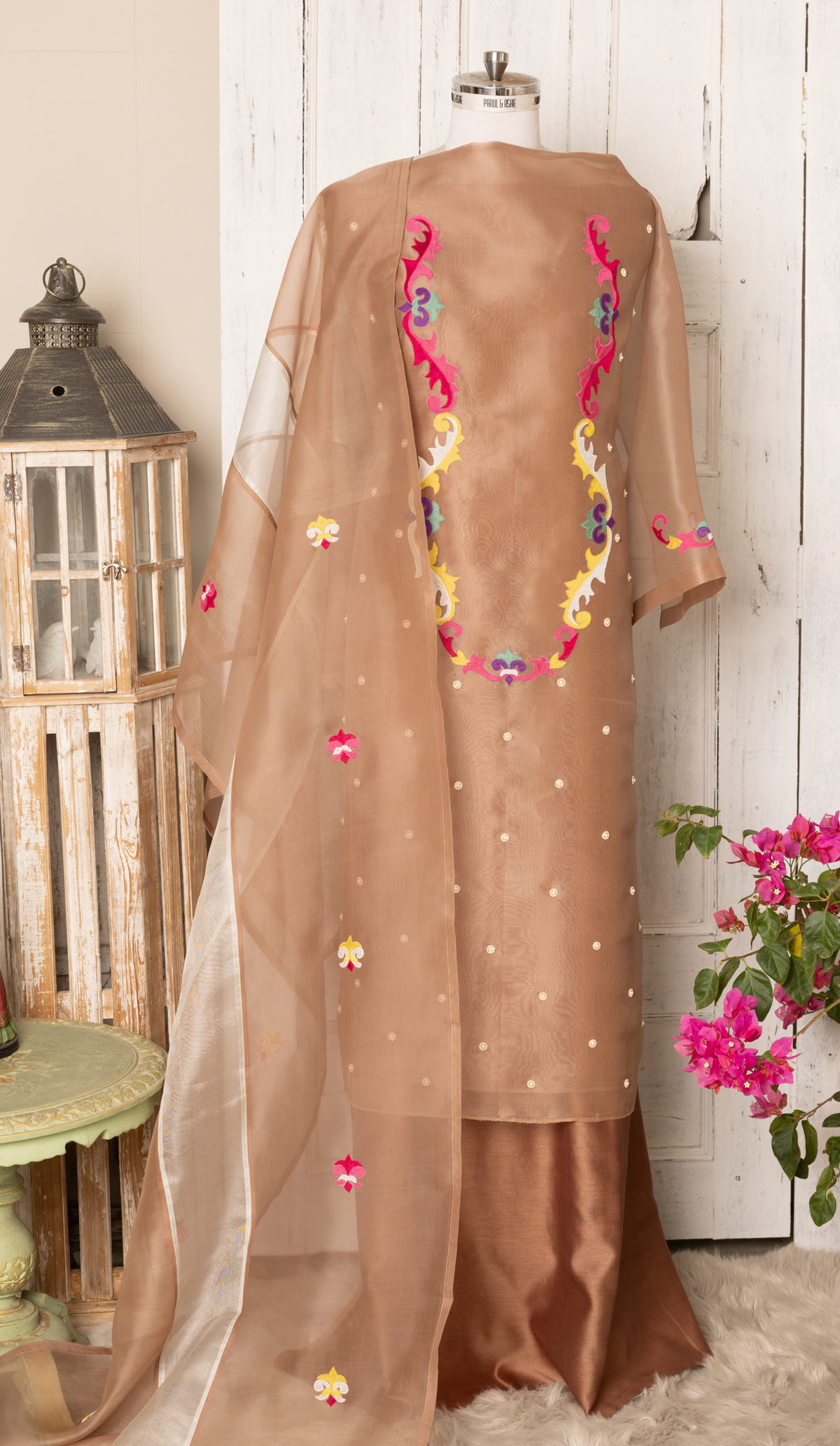 Mocha Organza Suit with Applique Yoke & Tissue Panel