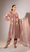 Mocha Organza Suit with Applique Yoke & Tissue Panel