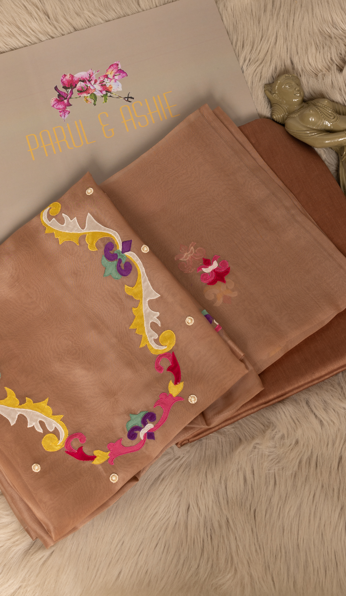 Mocha Organza Suit with Applique Yoke & Tissue Panel