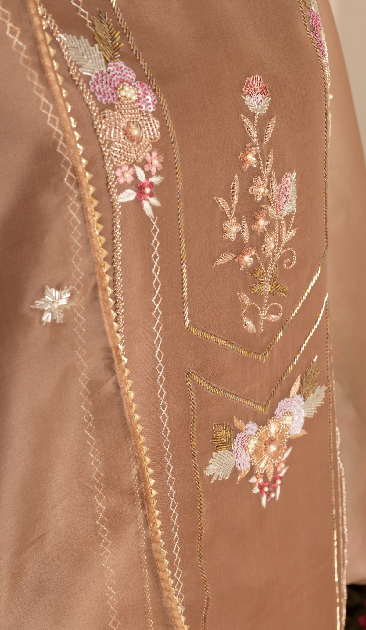 Mocha Organza Suit with Lace Dupatta