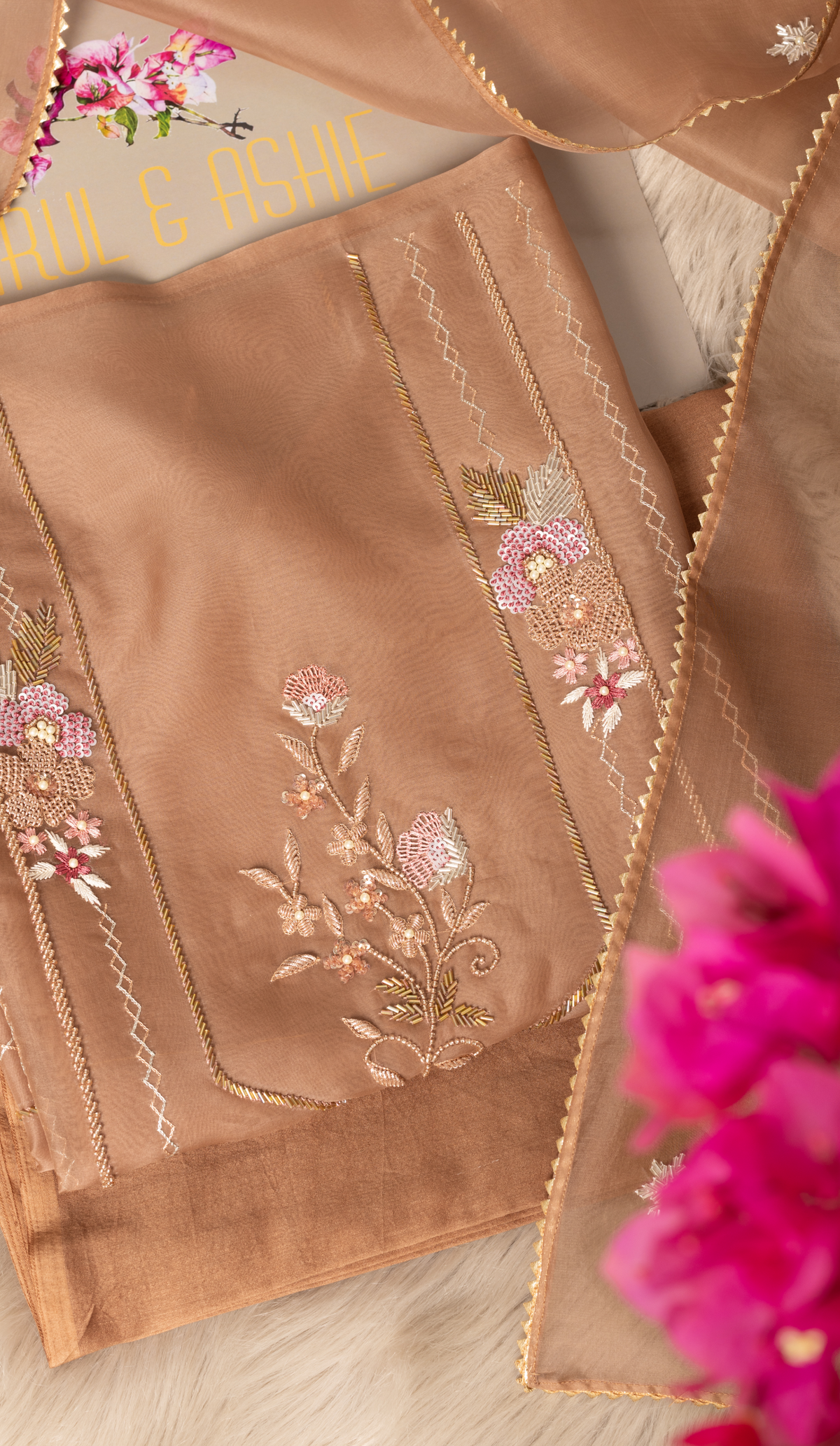 Mocha Organza Suit with Lace Dupatta