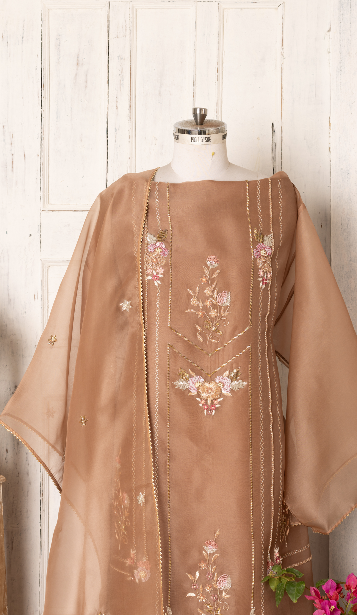 Mocha Organza Suit with Lace Dupatta