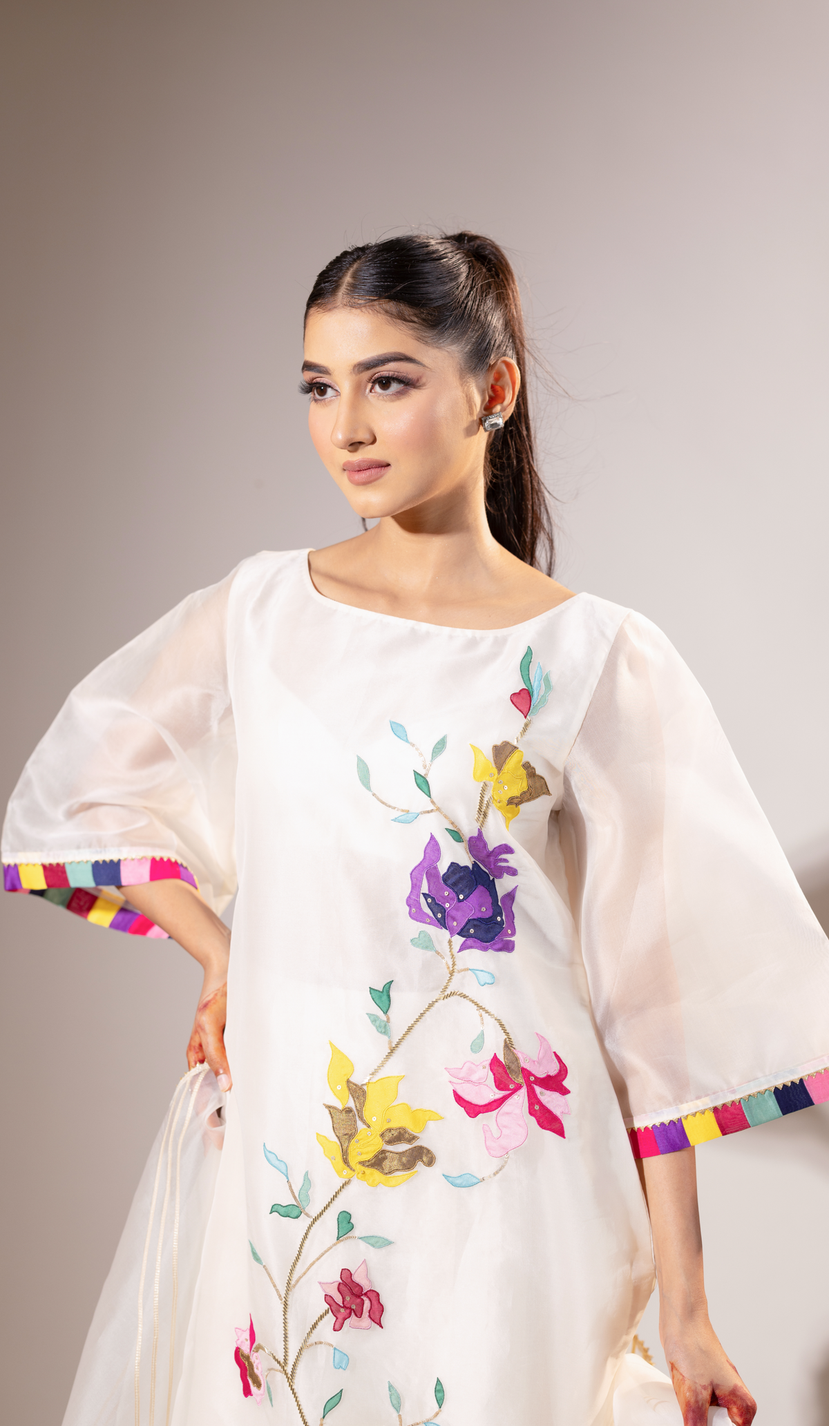 Ivory Organza Suit with Applique Work