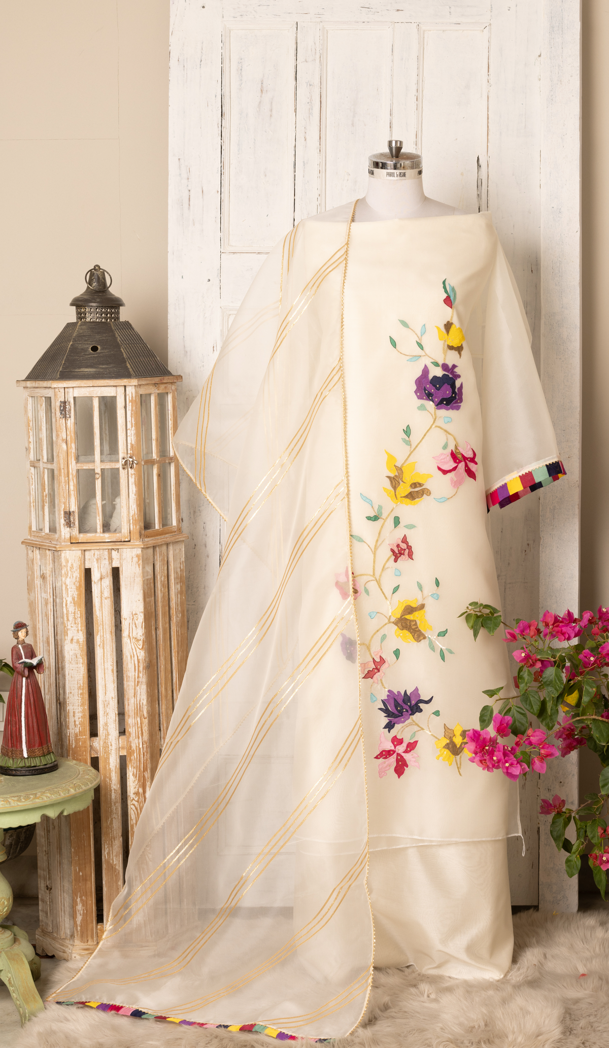 Ivory Organza Suit with Applique Work