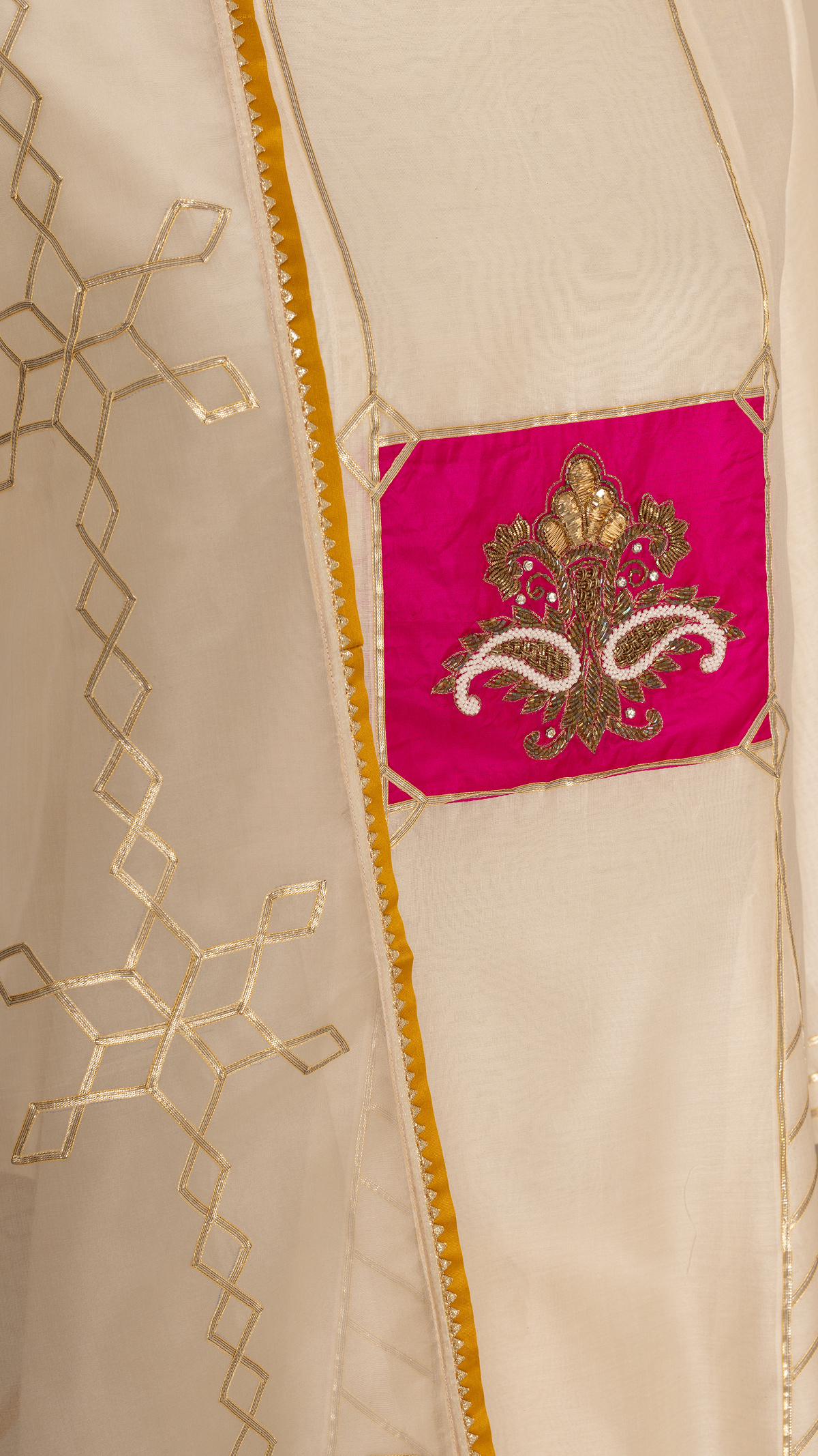 Ivory Chanderi Unstitched Suit Set with Hand Embroidery & Organza Dupatta