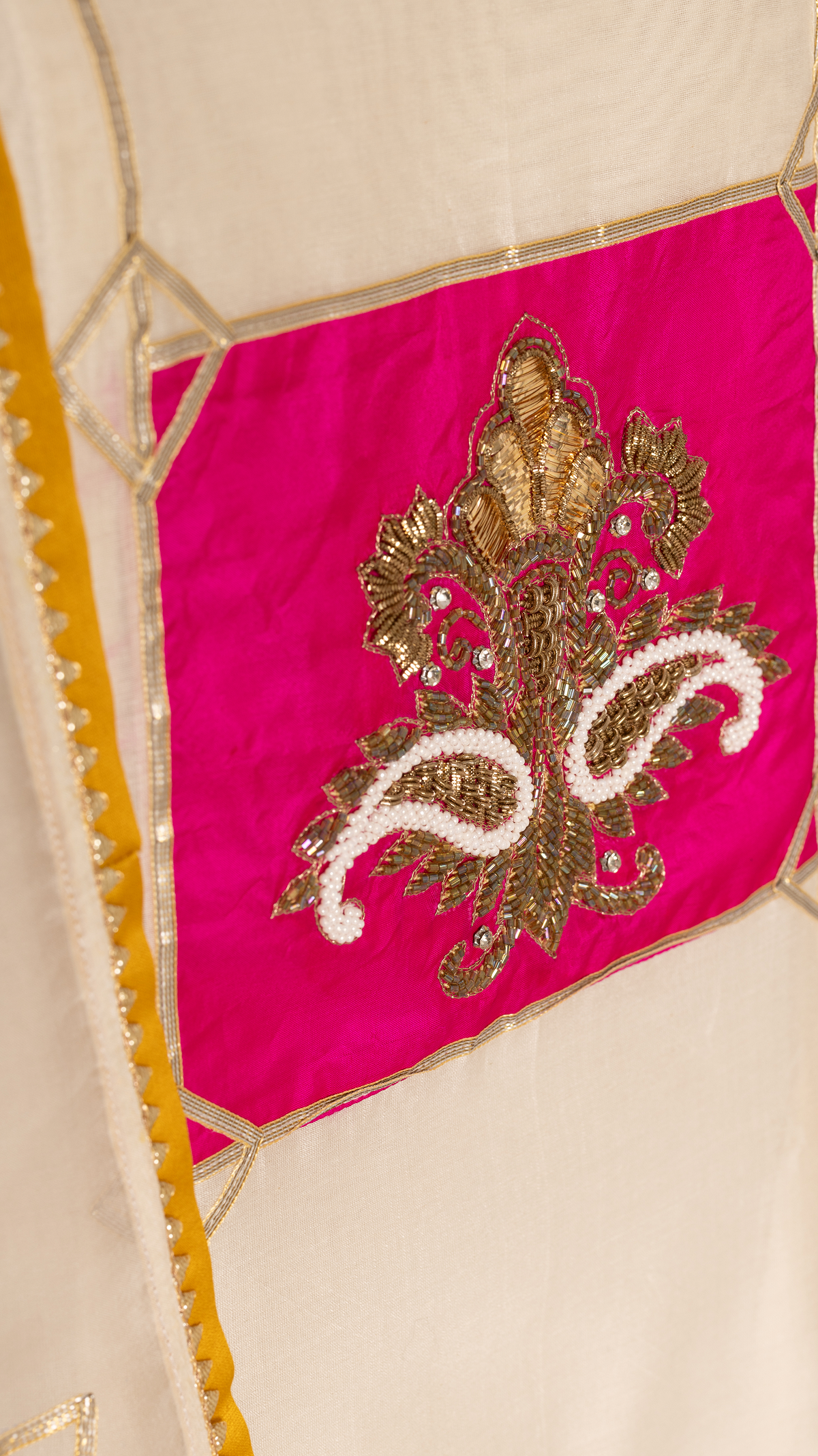 Ivory Chanderi Unstitched Suit Set with Hand Embroidery & Organza Dupatta