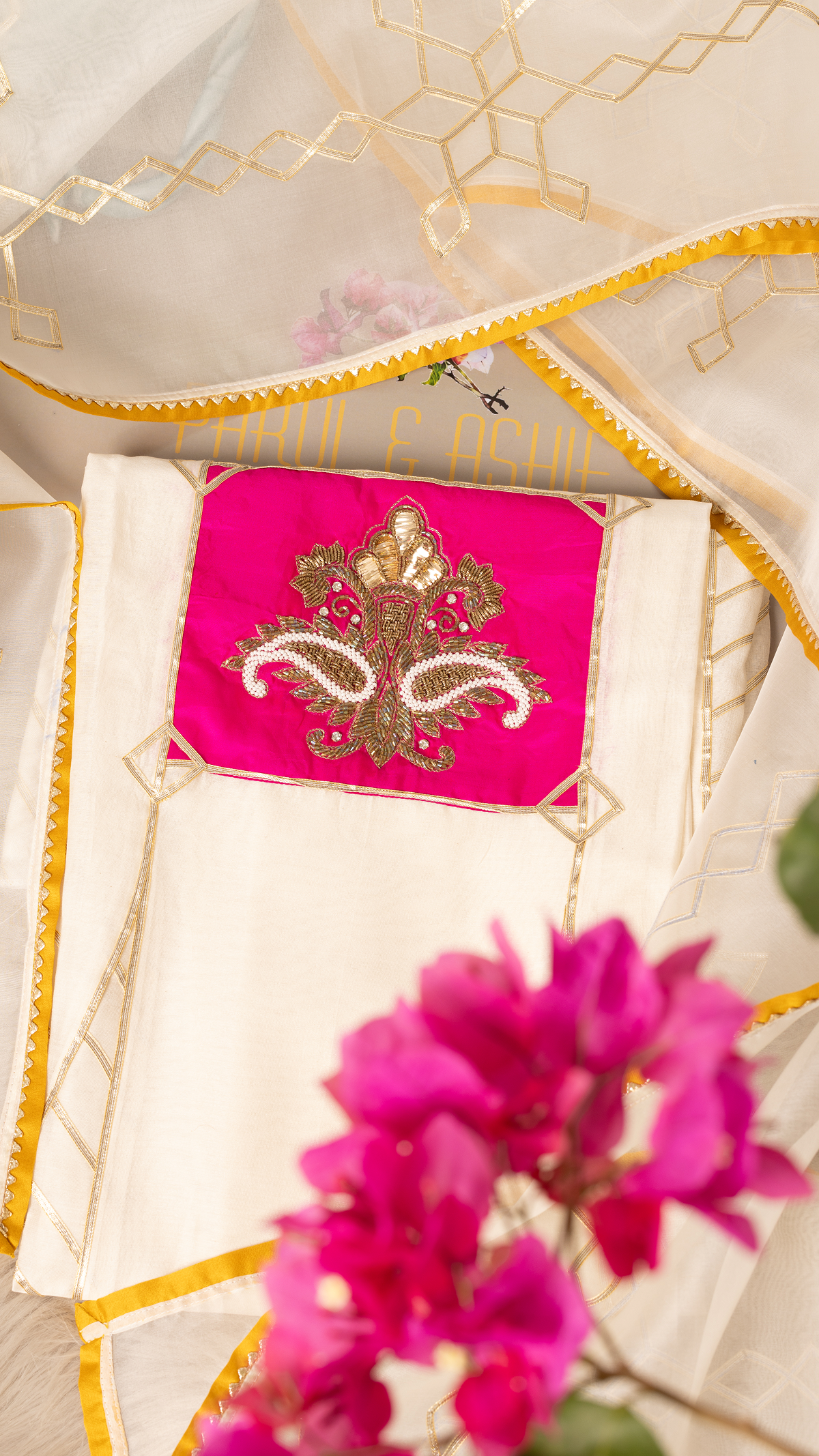 Ivory Chanderi Unstitched Suit Set with Hand Embroidery & Organza Dupatta
