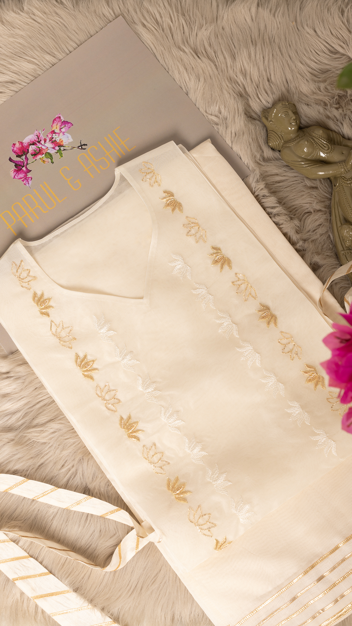 Ivory Organza Cape with Lotus Embroidery and Chanderi Inner