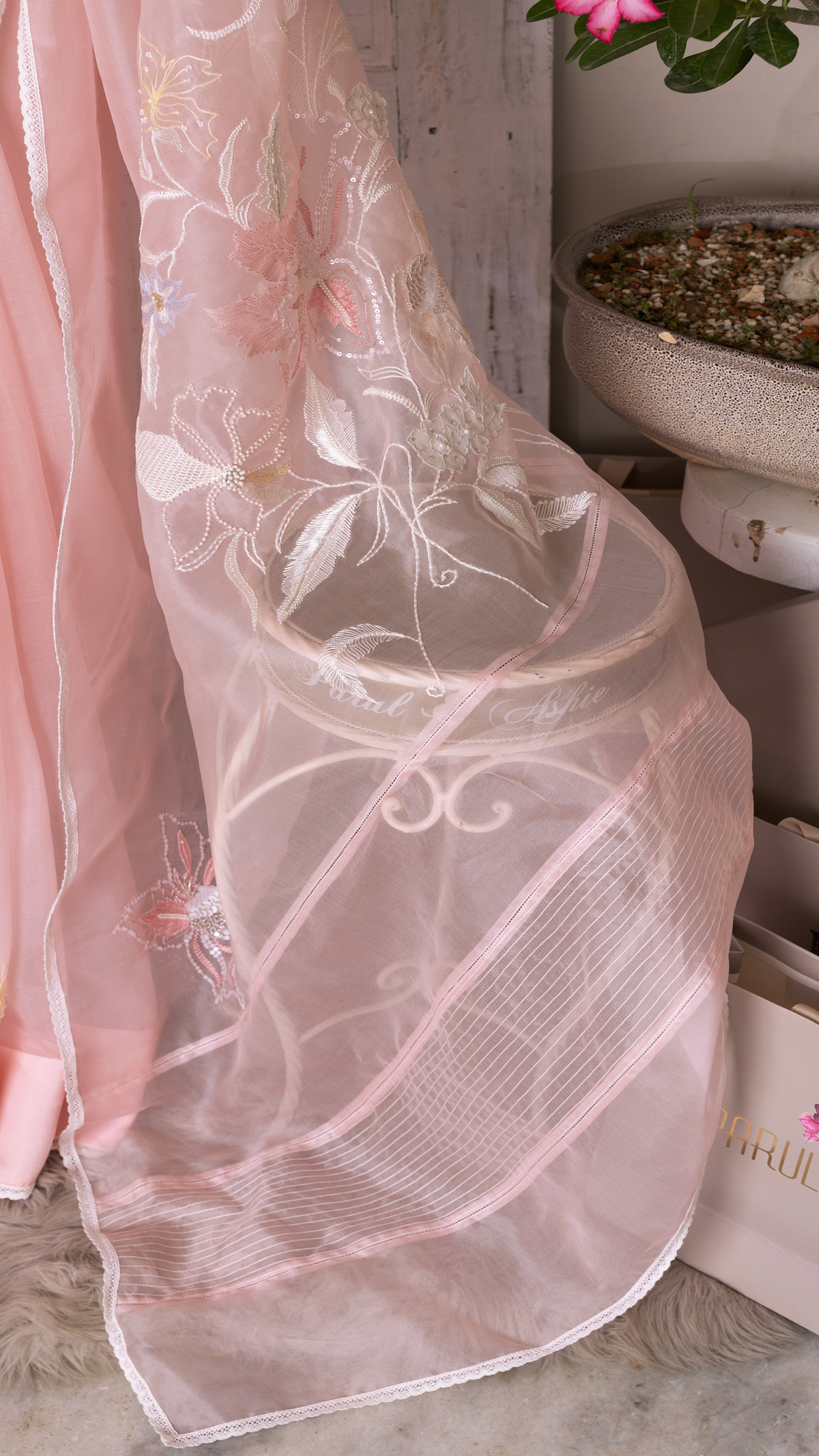 Pink Organza Saree with Floral Jaal and Bootis