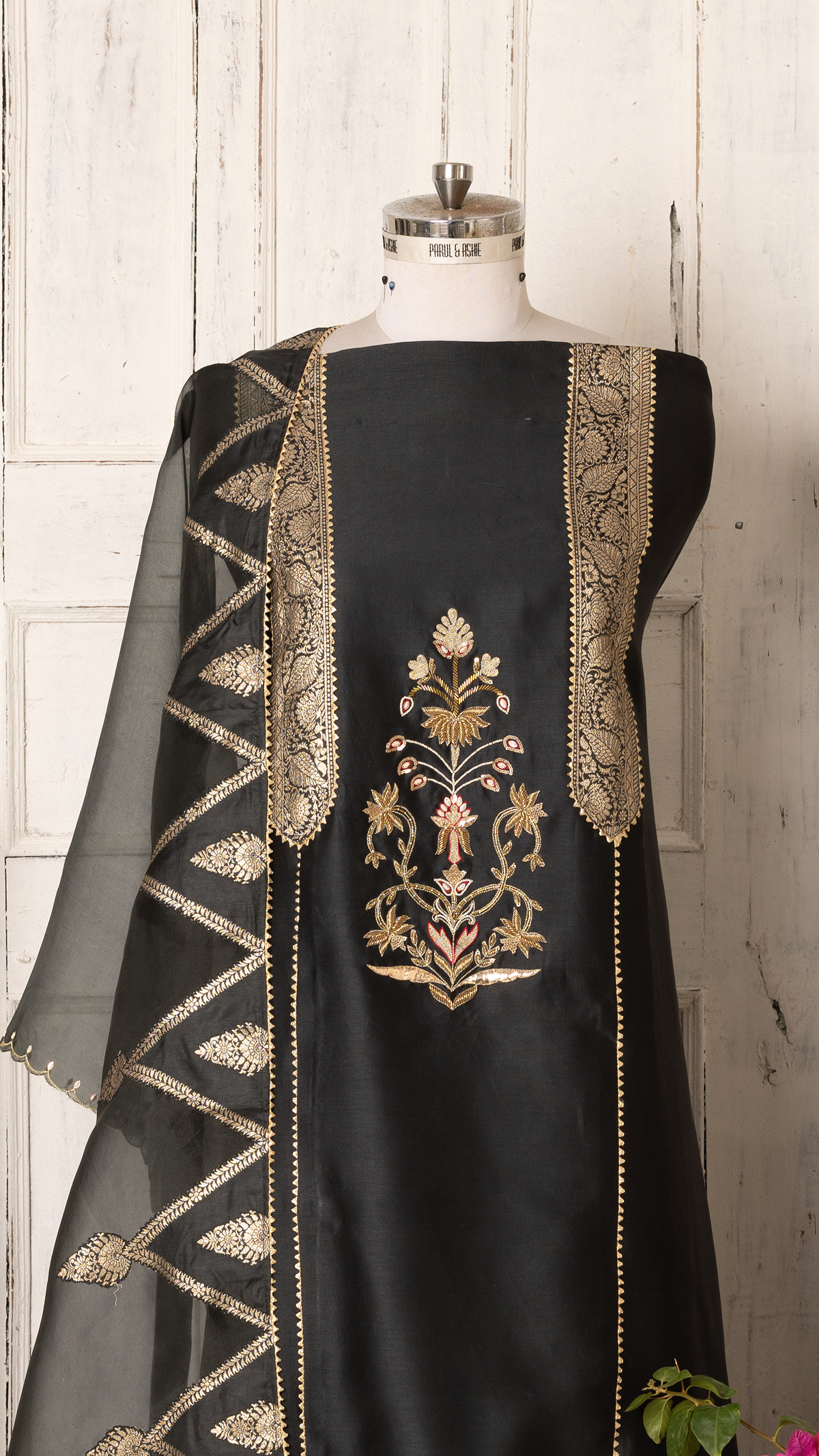 Charcoal Black Chanderi Unstitched Suit with Brocade Appliqué