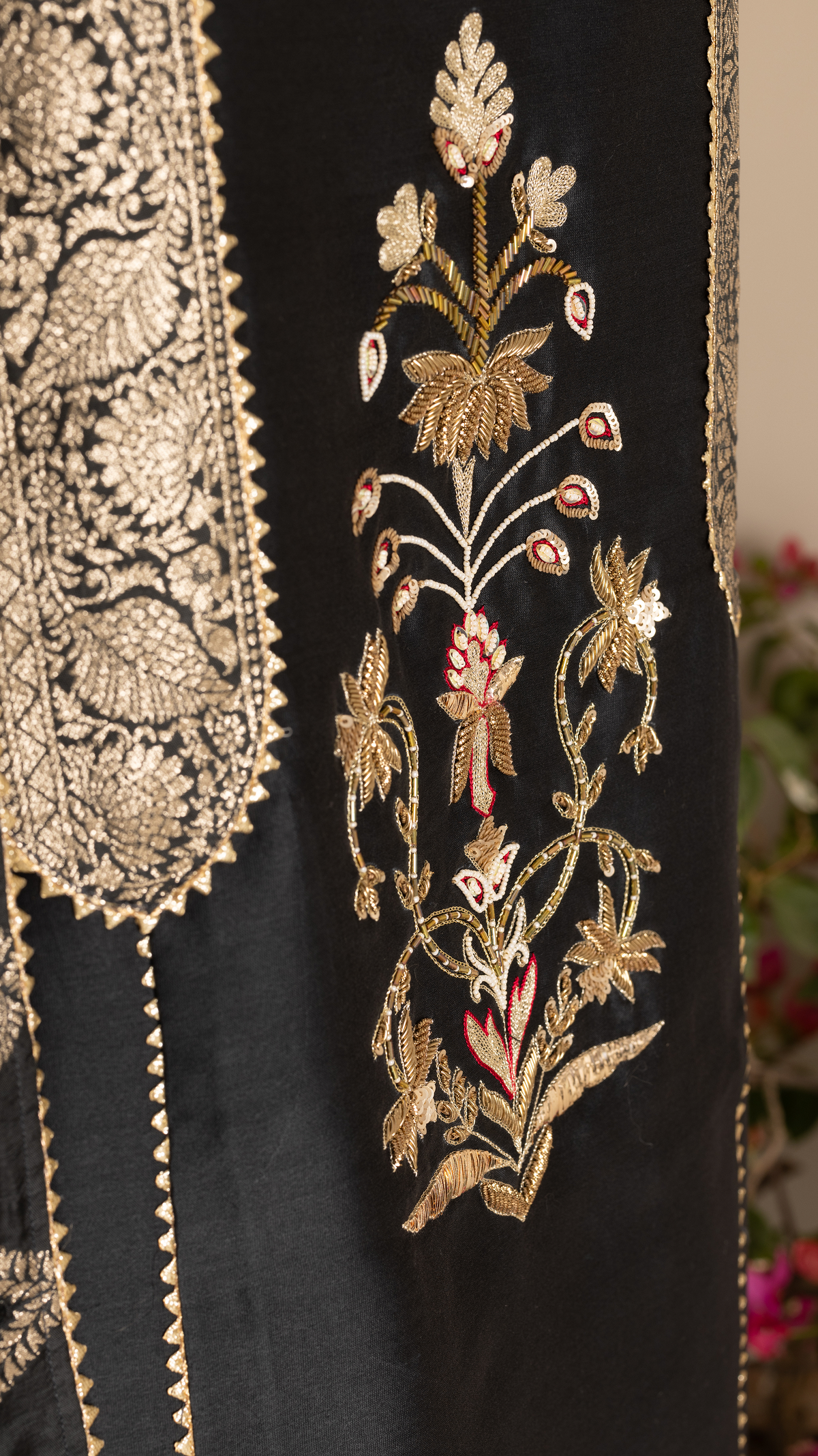 Charcoal Black Chanderi Unstitched Suit with Brocade Appliqué