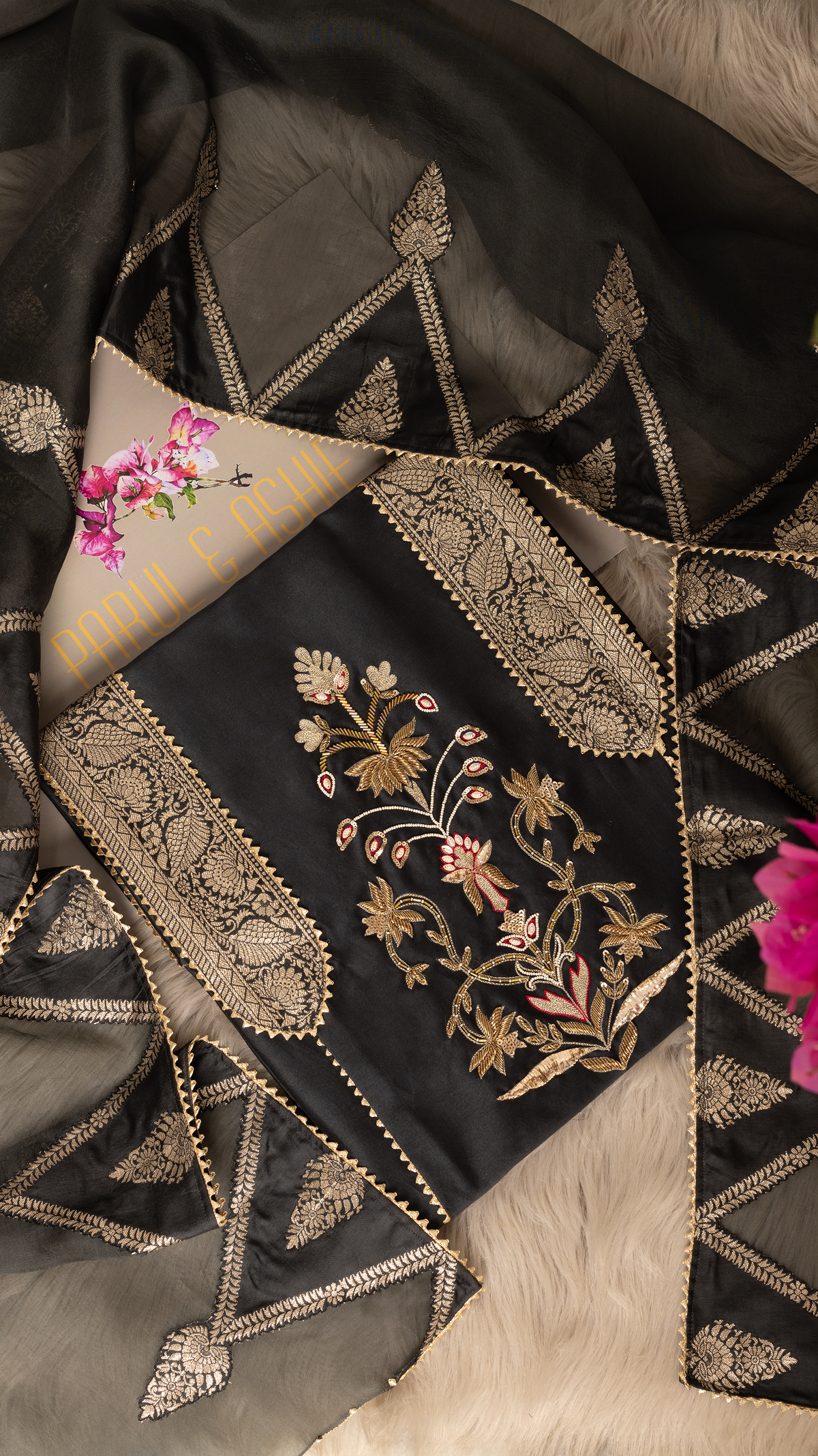 Charcoal Black Chanderi Unstitched Suit with Brocade Appliqué