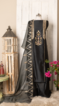 Charcoal Black Chanderi Unstitched Suit with Brocade Appliqué