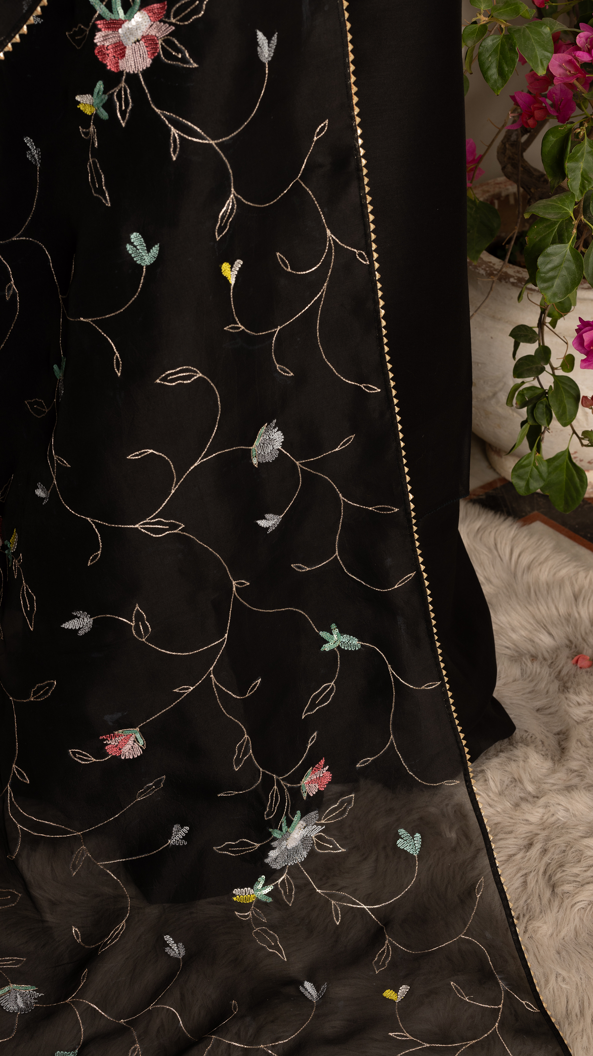 Black Chanderi Suit Set with Embroidered Organza Dupatta