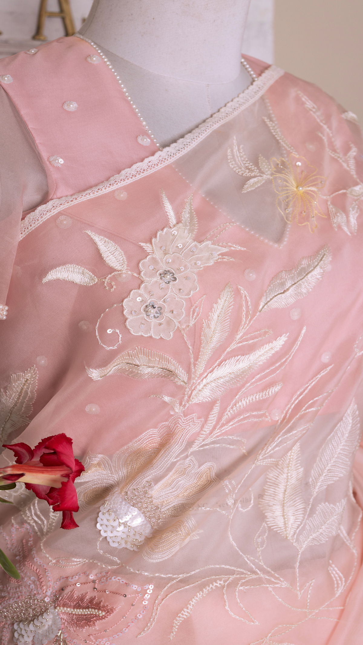 Pink Organza Saree with Floral Jaal and Bootis