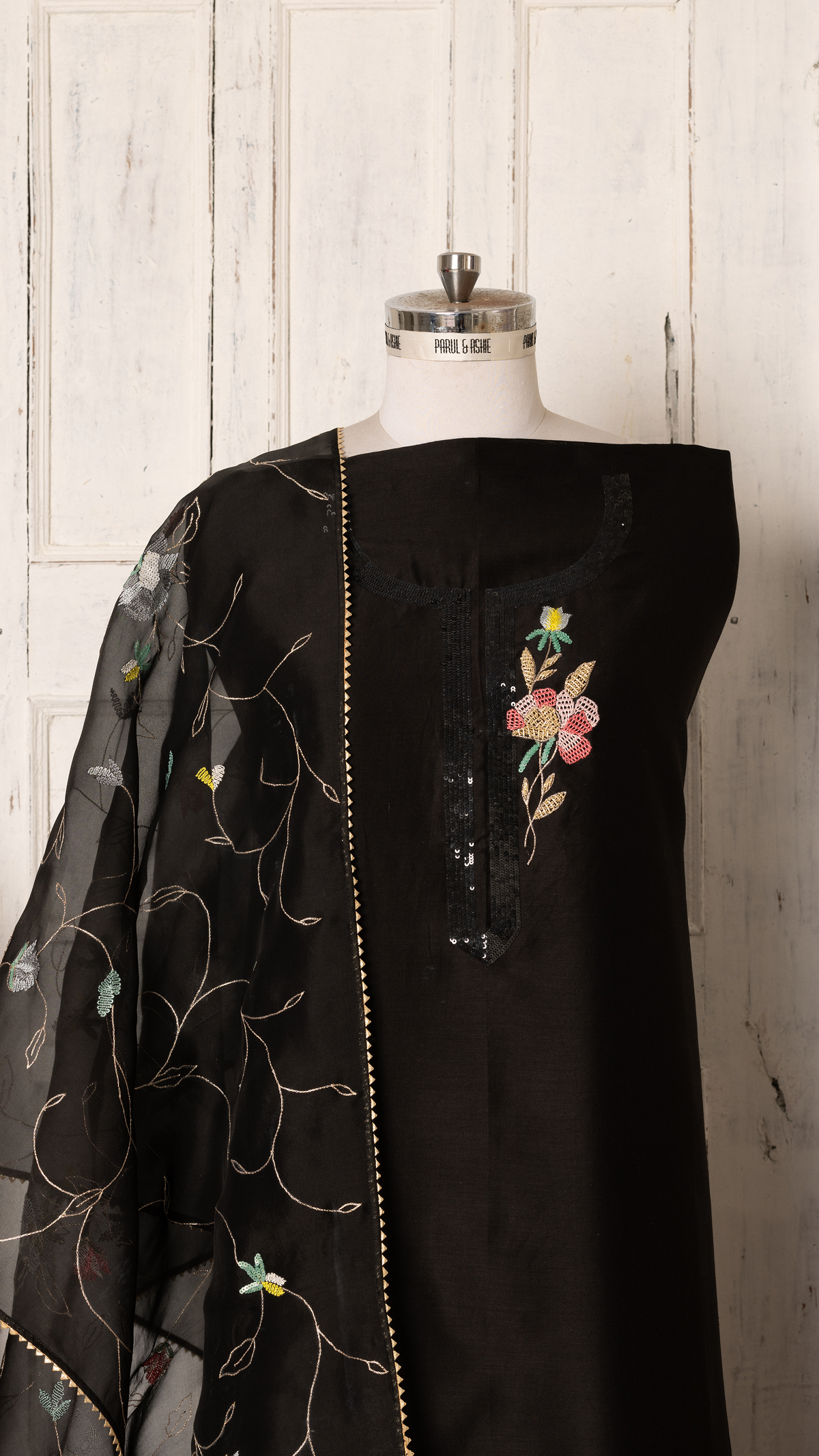 Black Chanderi Suit Set with Embroidered Organza Dupatta
