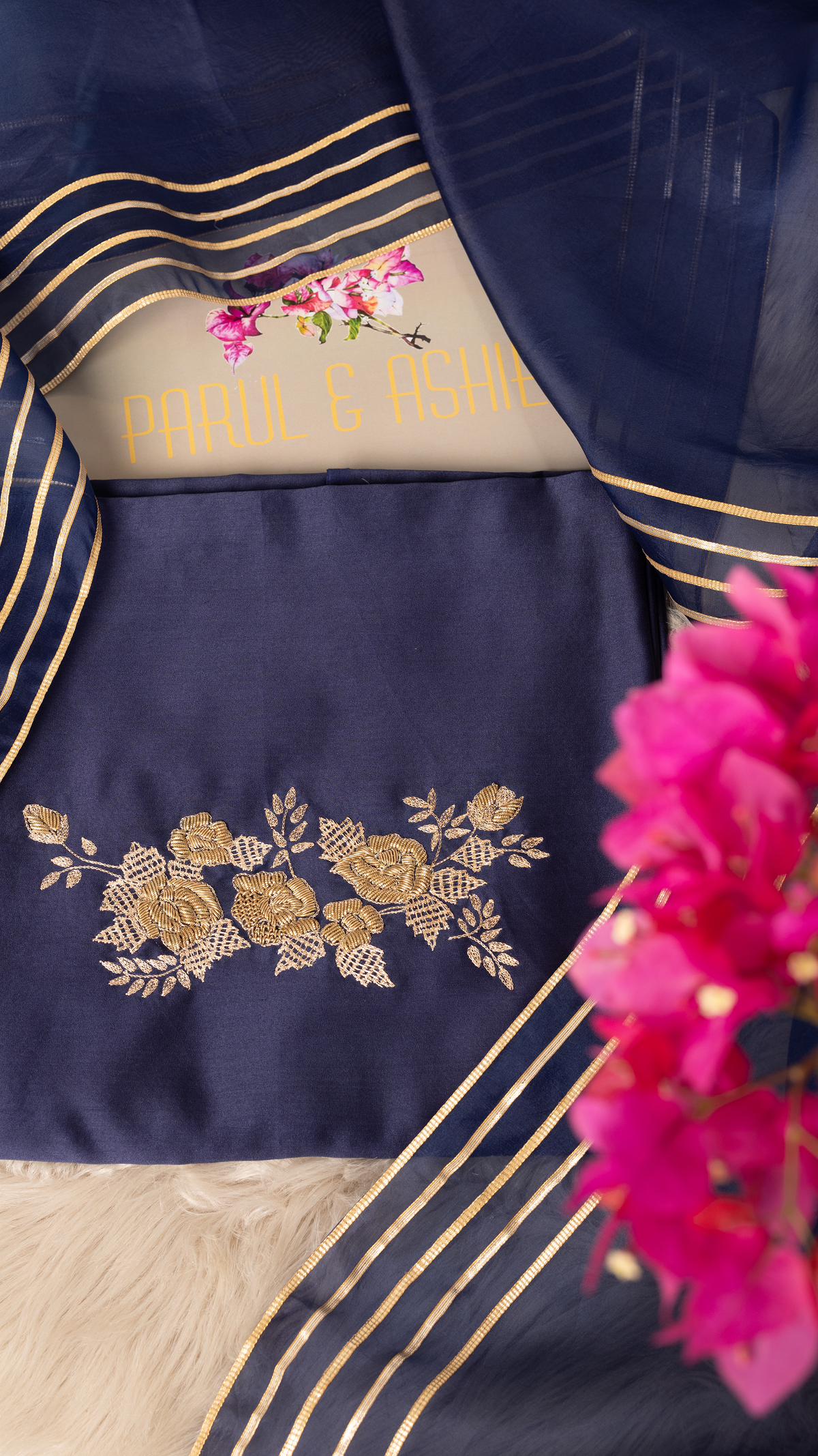 Midnight Blue Embroidered Chanderi Suit Set with Organza Dupatta