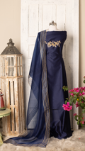 Midnight Blue Embroidered Chanderi Suit Set with Organza Dupatta