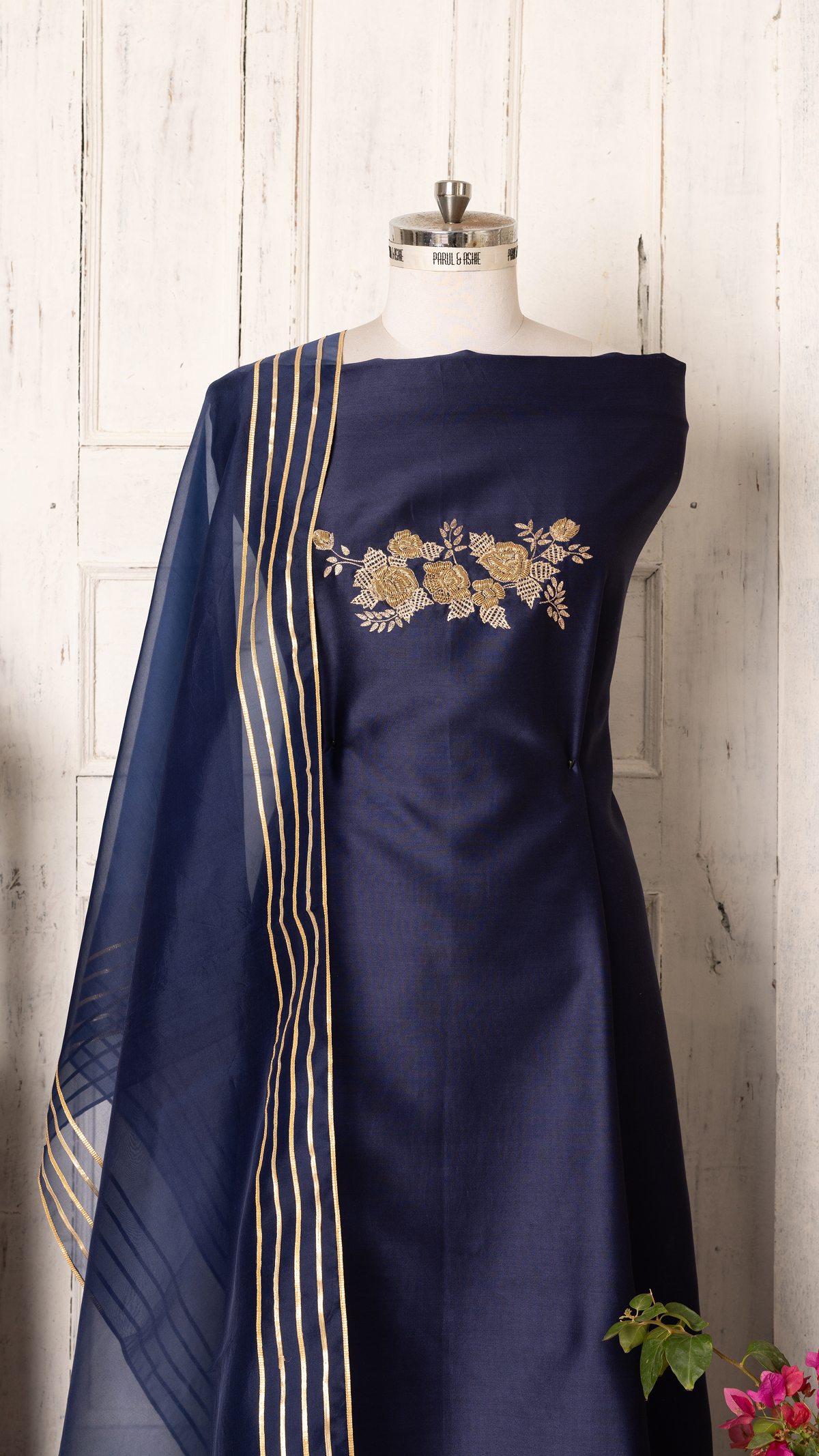 Midnight Blue Embroidered Chanderi Suit Set with Organza Dupatta