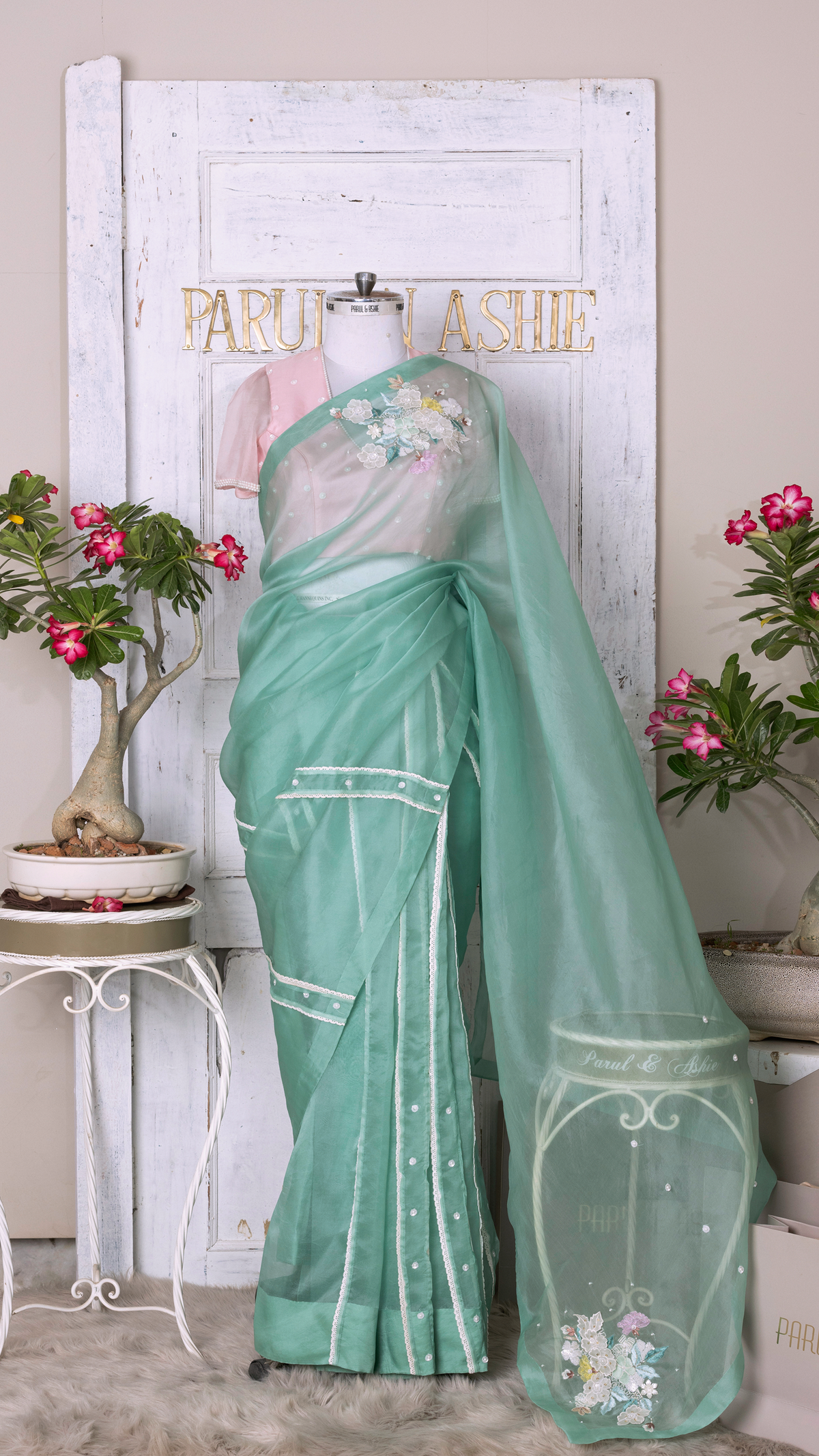 Sage Green Saree with Cutwork and Lace Insertion