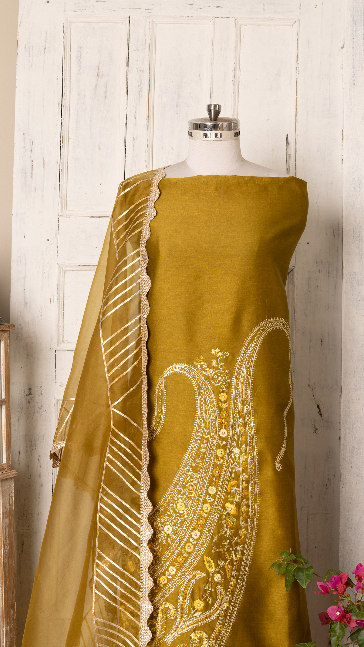 Stitched Olive Green Hand-Embroidered Chanderi Suit Set with Organza Dupatta