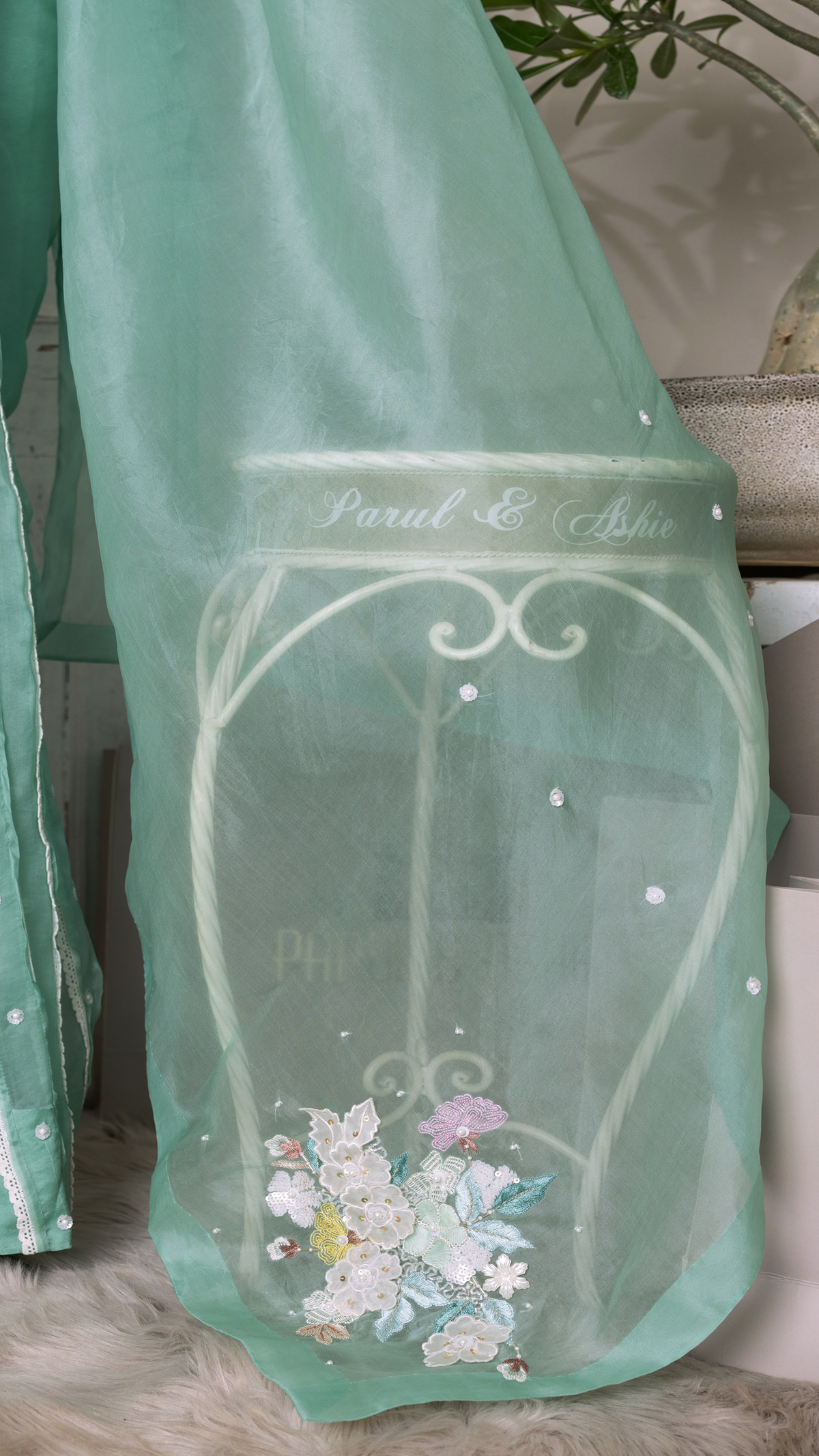 Sage Green Saree with Cutwork and Lace Insertion