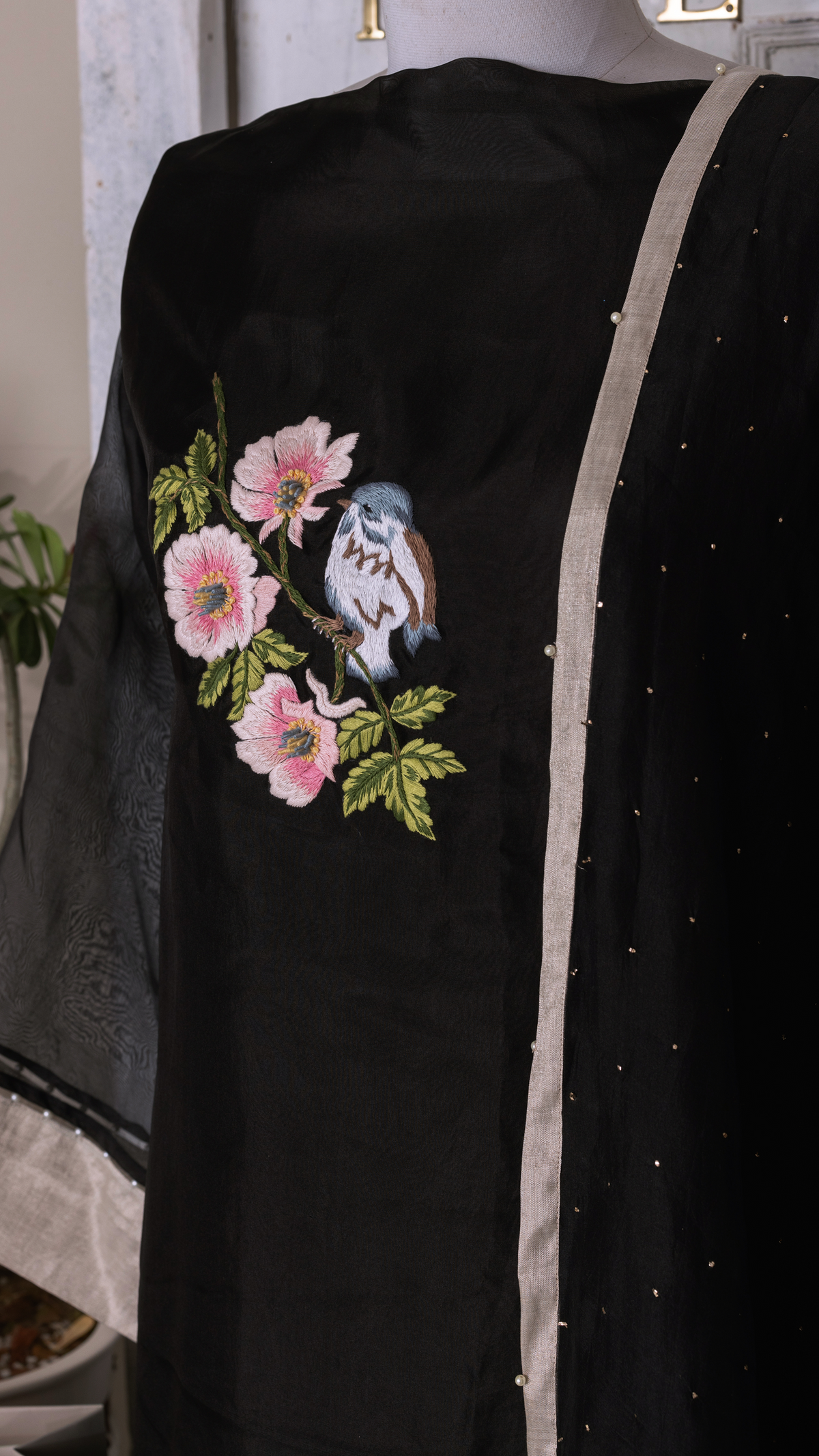 Stitched Black Organza Hand-Embroidered Suit Set with Floral & Bird Motifs