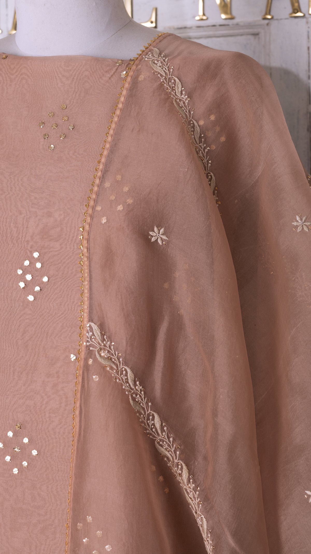Stitched Beige Organza Suit Set with Mukesh and Chikankari