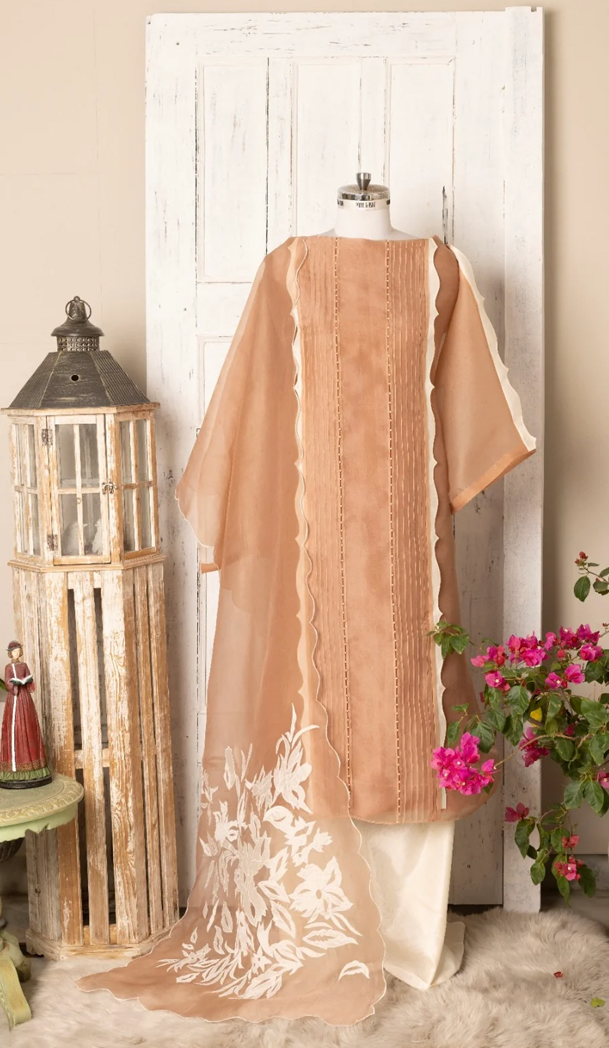 Taupe Textured Organza Suit with Ivory Lowers