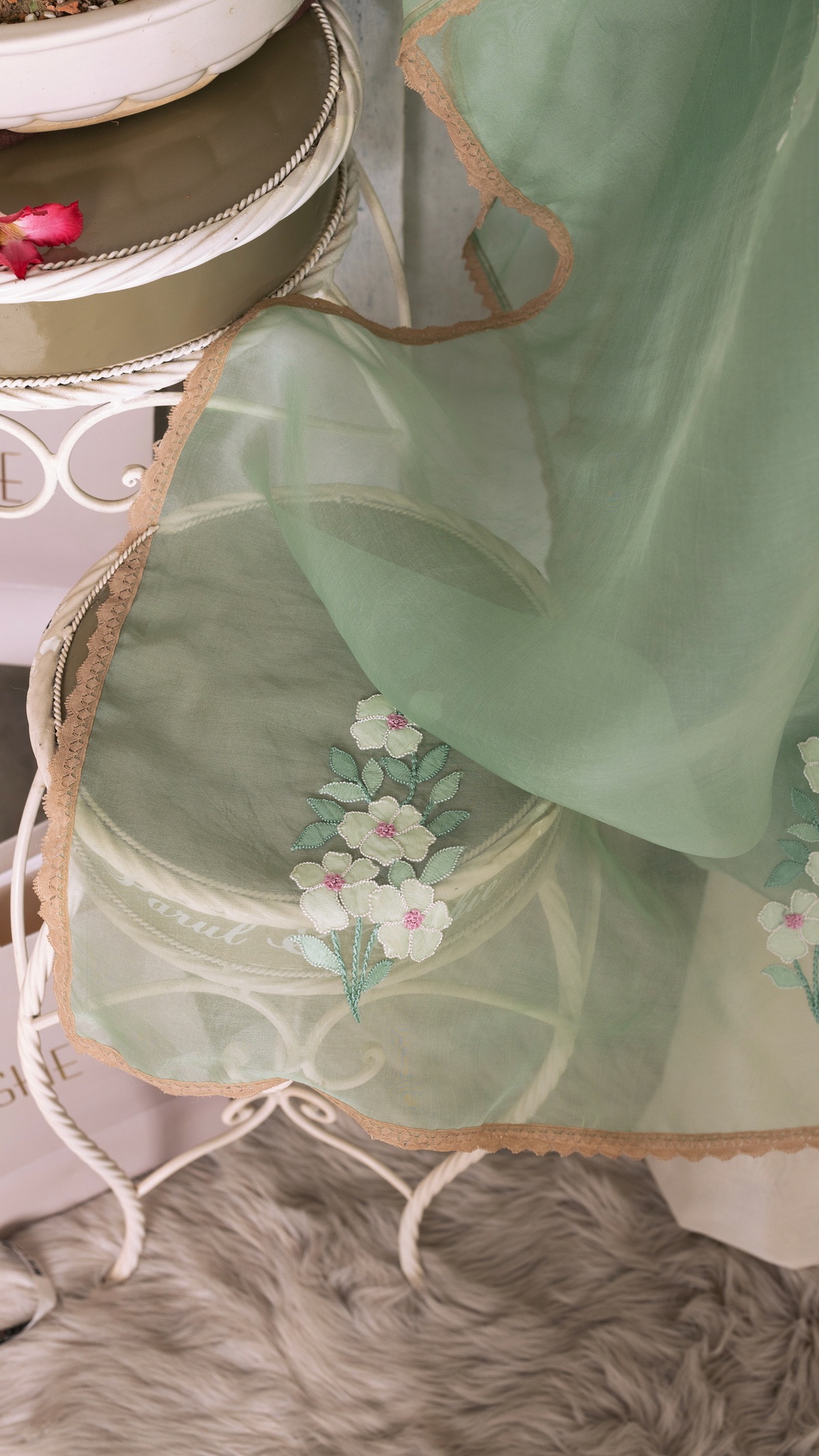 Stitched Sage Green Organza Suit Set with Sequins and Shadow Work