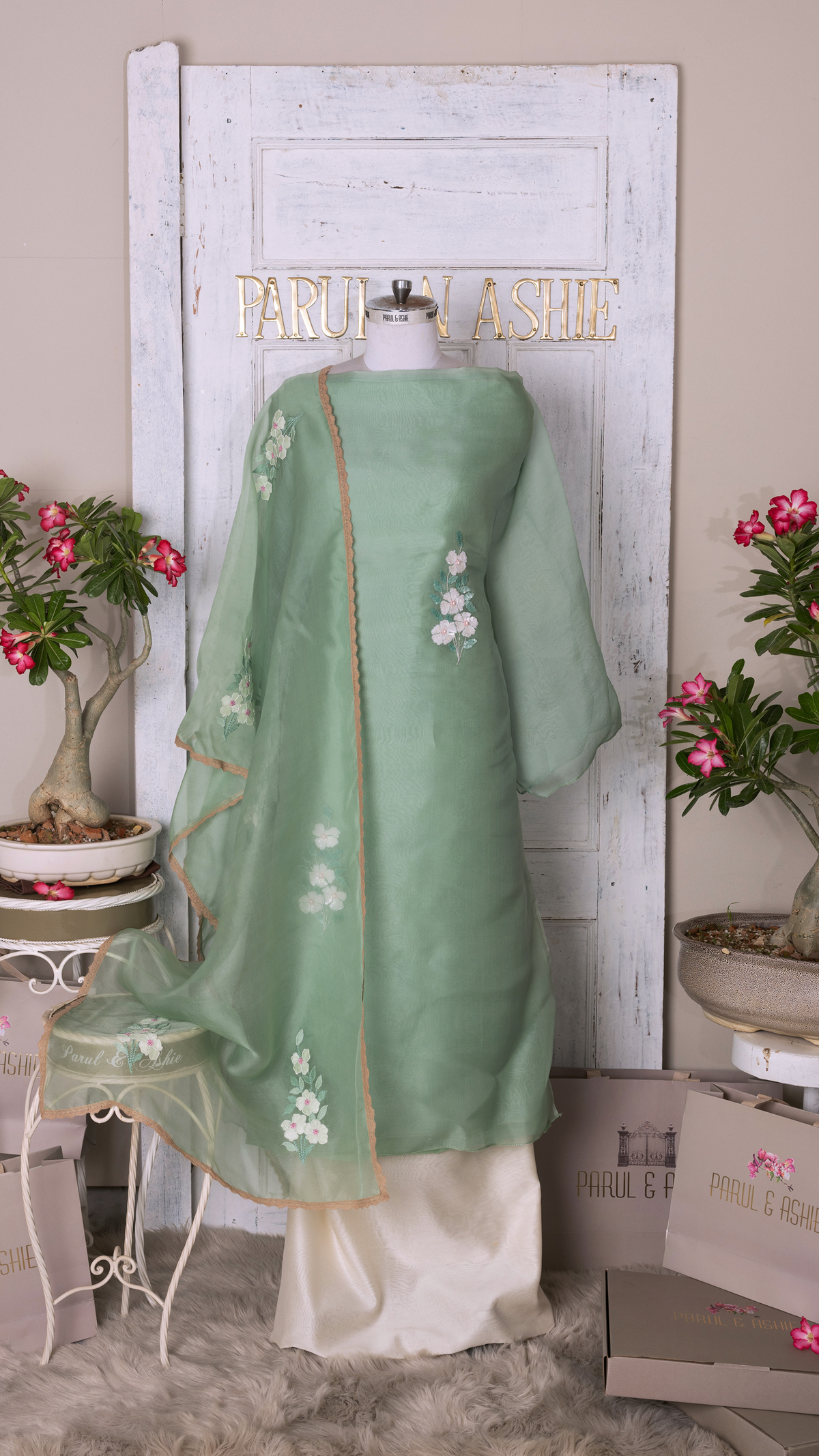 Stitched Sage Green Organza Suit Set with Sequins and Shadow Work