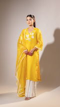 Yellow Organza Suit Set with Shadow and Sequins Embroidery