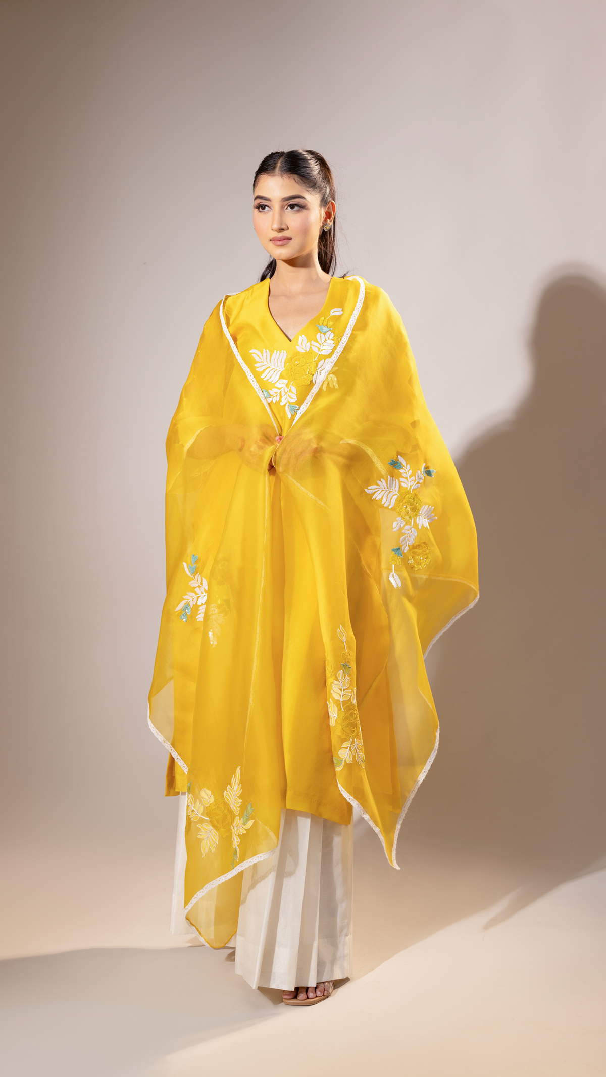 Yellow Organza Suit Set with Shadow and Sequins Embroidery