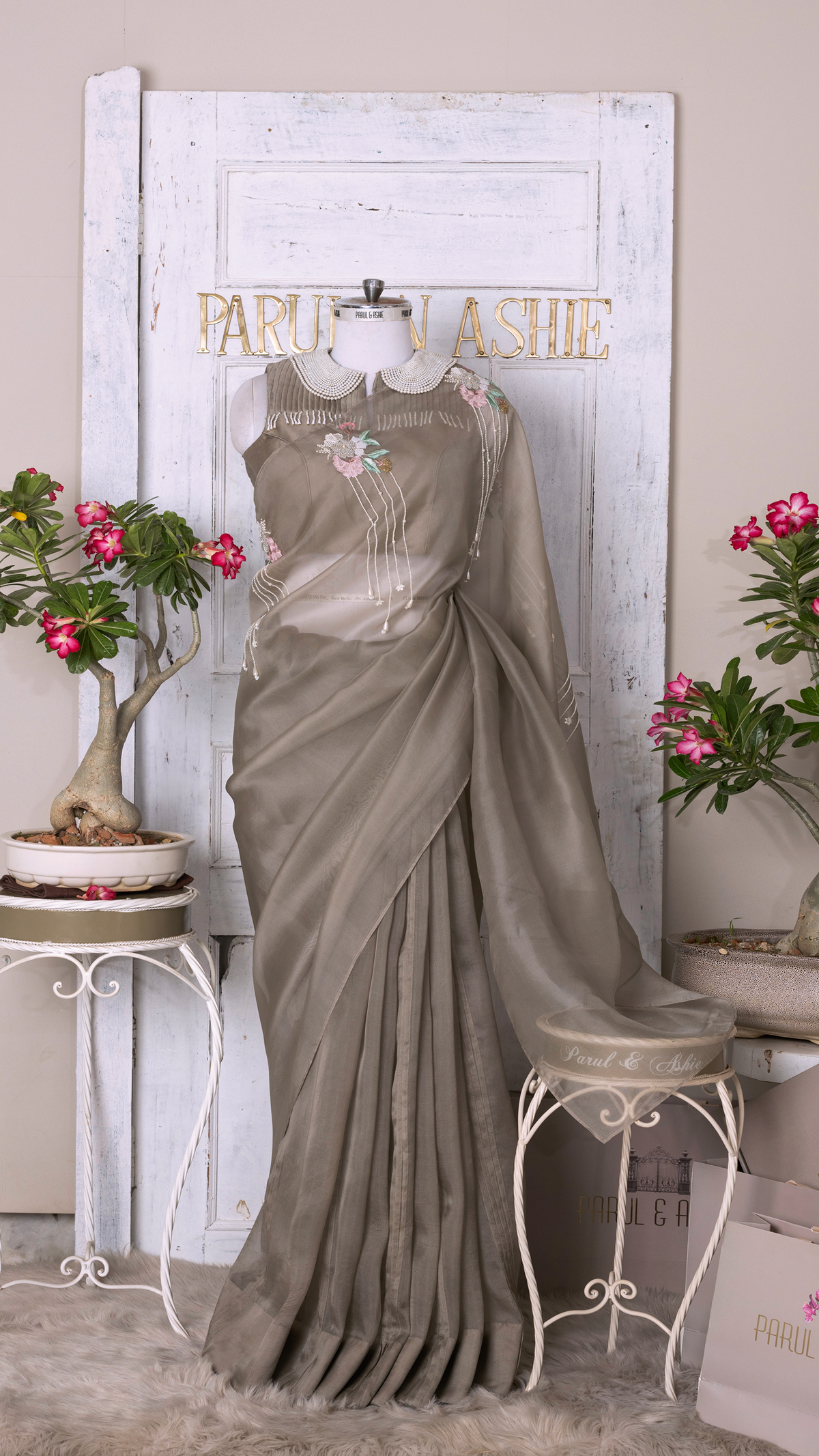Earthy Grey Organza Saree with Thread and Bead Work