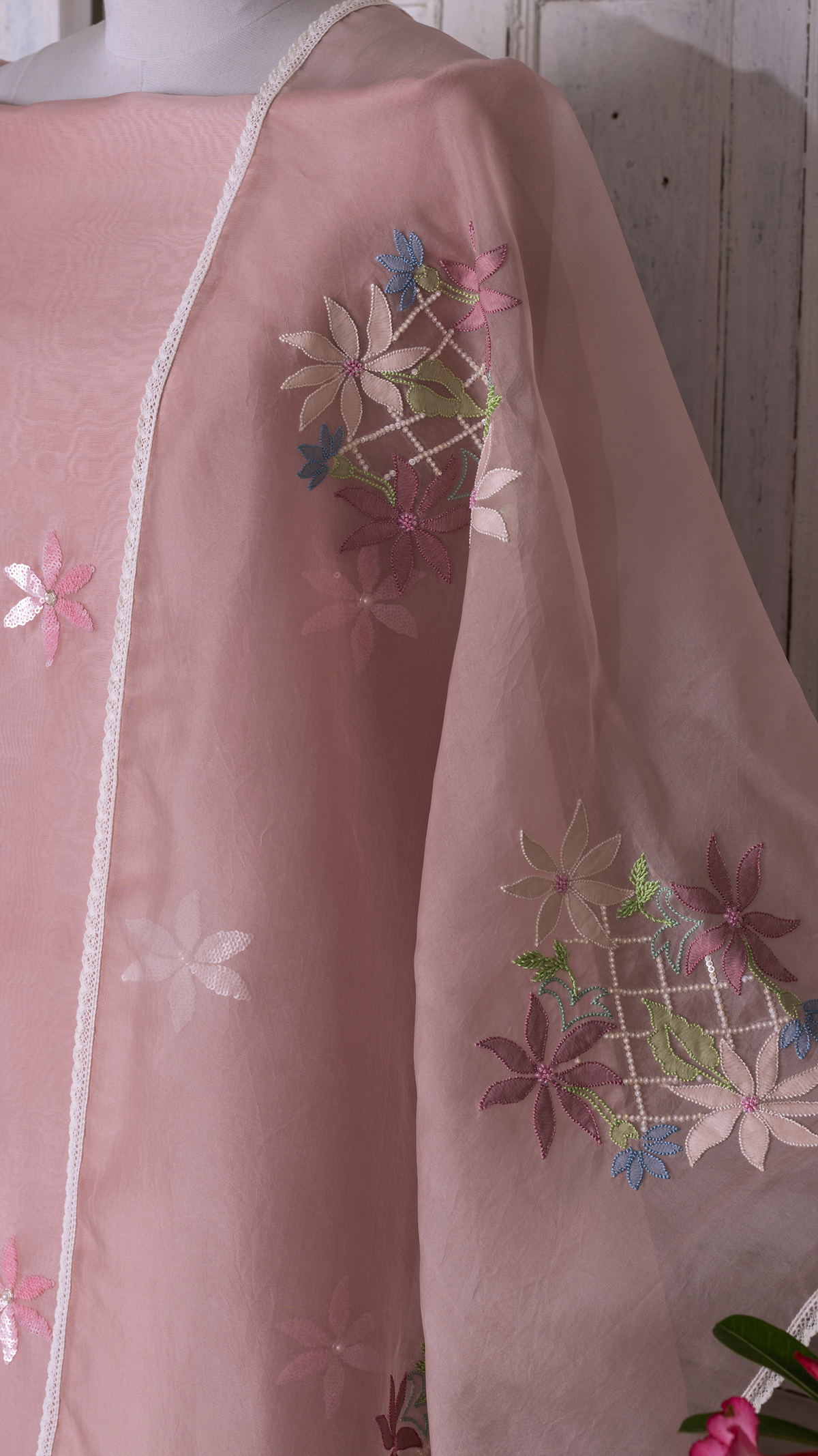 Blush Pink Organza Suit Set with Sequins Work
