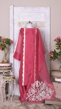 Coral Organza Suit Set with Surface Texture and Pearl Appliqué