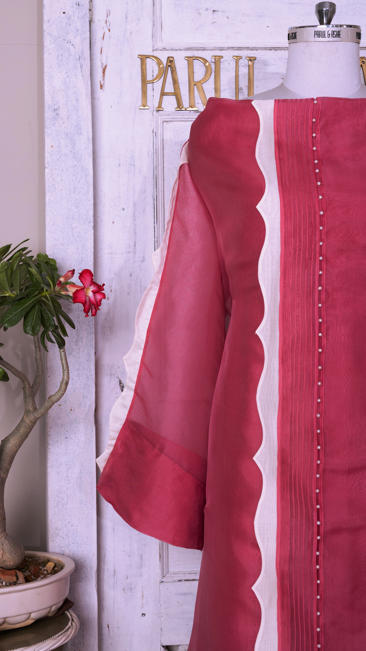 Coral Organza Suit Set with Surface Texture and Pearl Appliqué