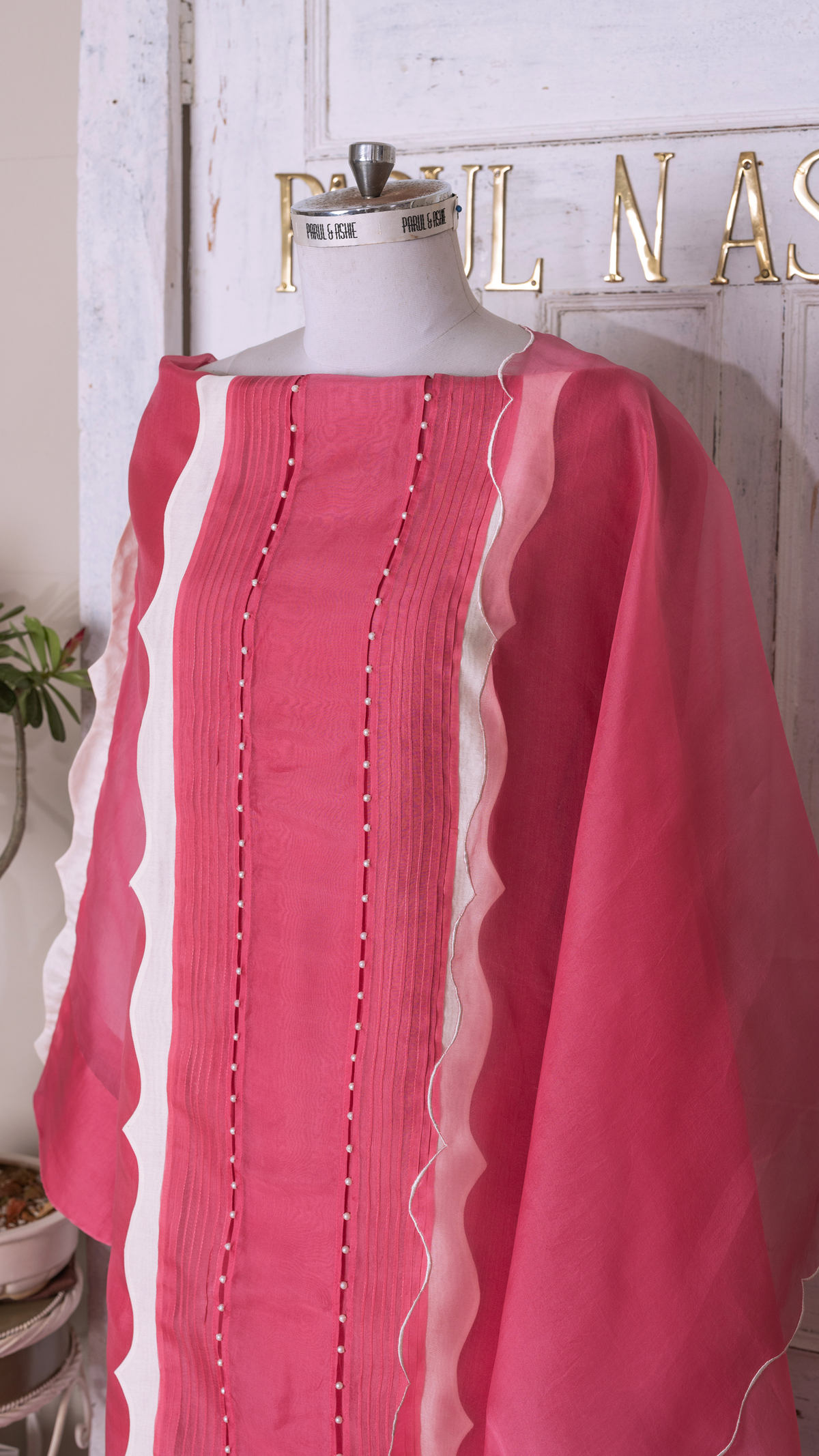 Coral Organza Suit Set with Surface Texture and Pearl Appliqué