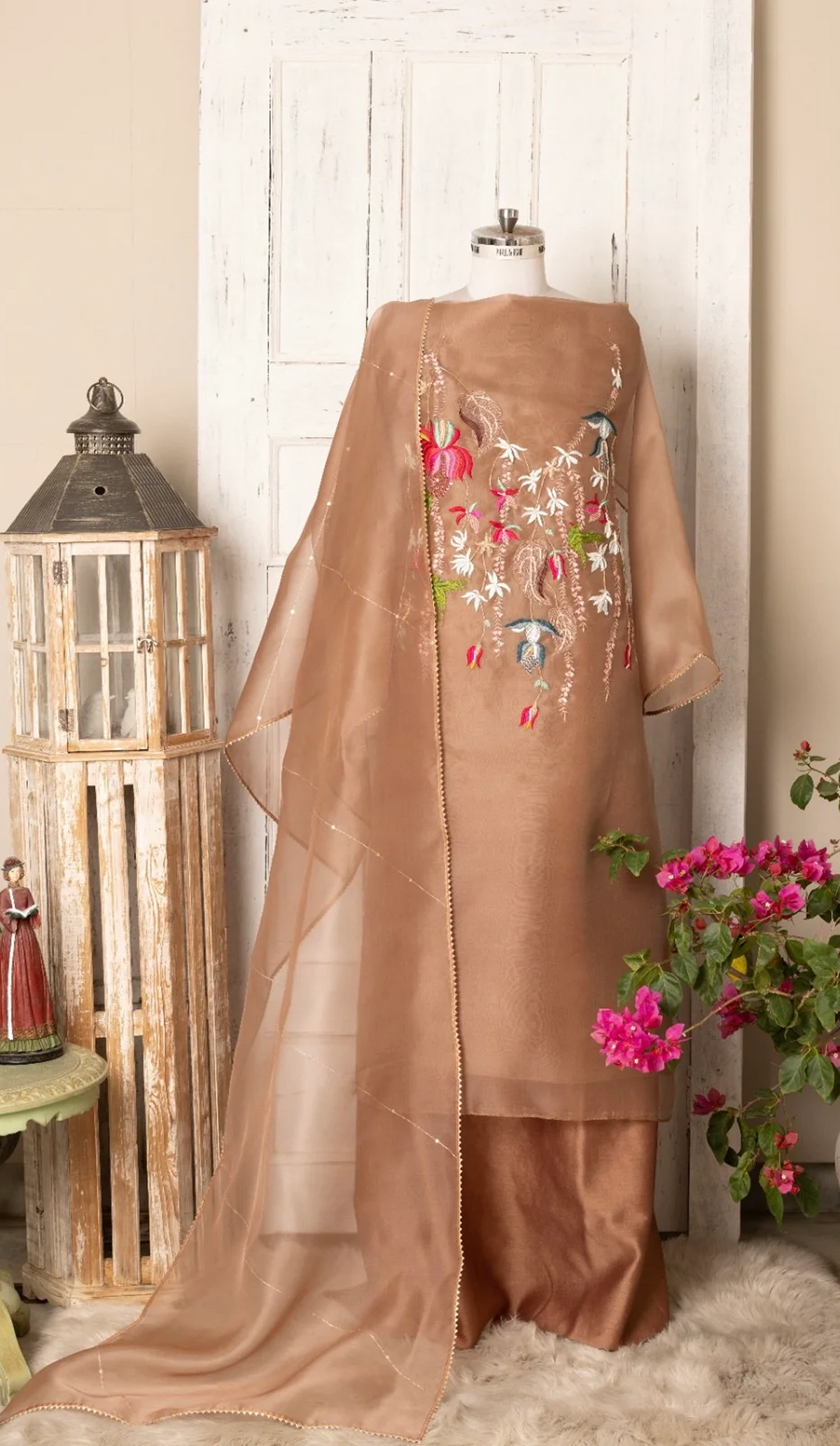 Mocha Organza Suit with Embroidered Dupatta