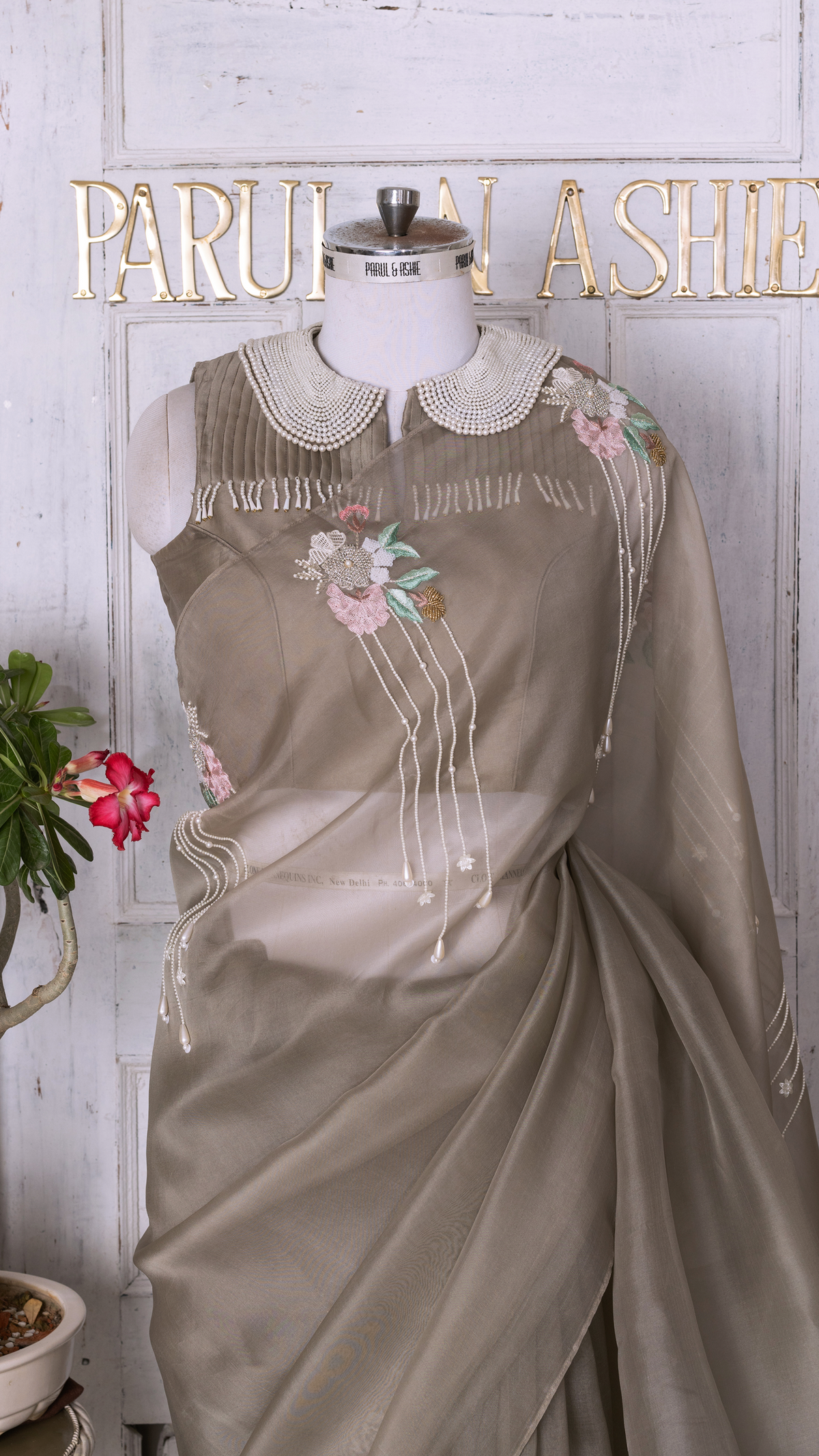 Earthy Grey Organza Saree with Thread and Bead Work