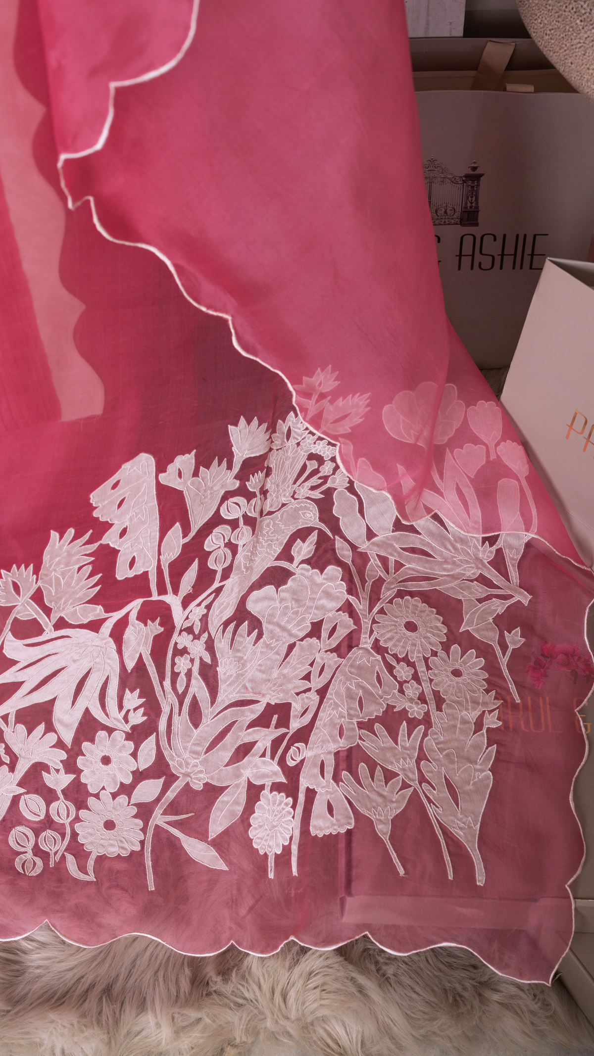 Coral Organza Suit Set with Surface Texture and Pearl Appliqué