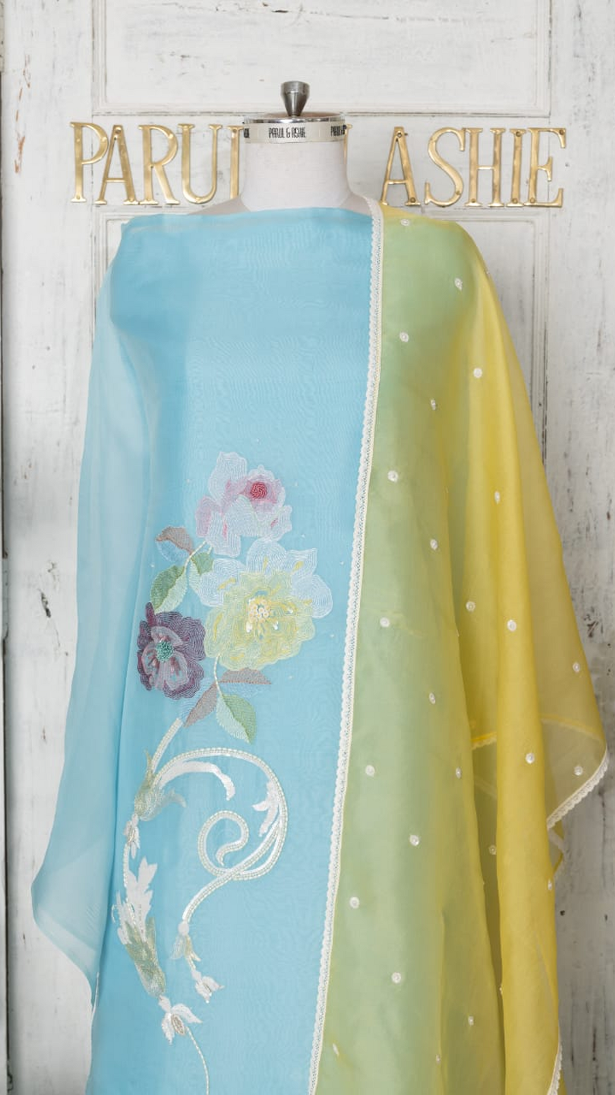 Blue Organza Suit Set with Yellow Embroidered Dupatta