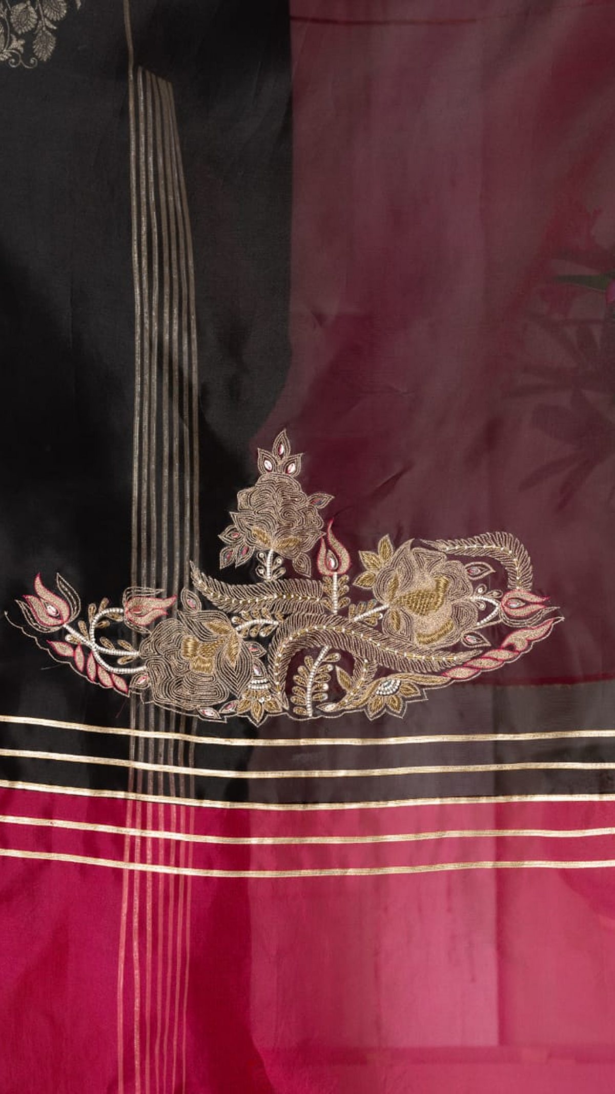 Black Chanderi Suit Set with Brocade Appliqué & Fuschia Organza Dupatta
