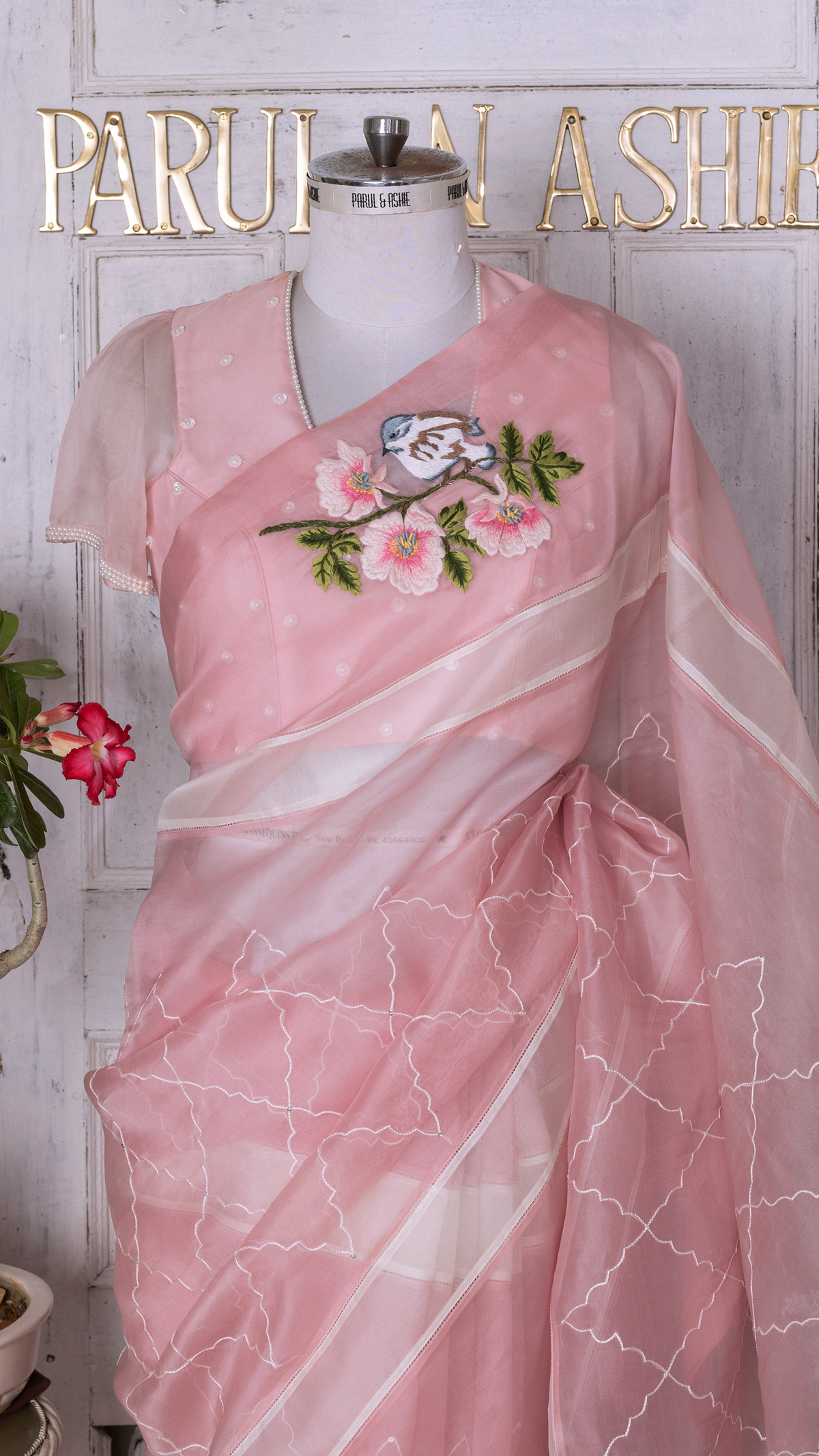 Pink Saree with Multicolour Embroidered Bird & Flower Motifs