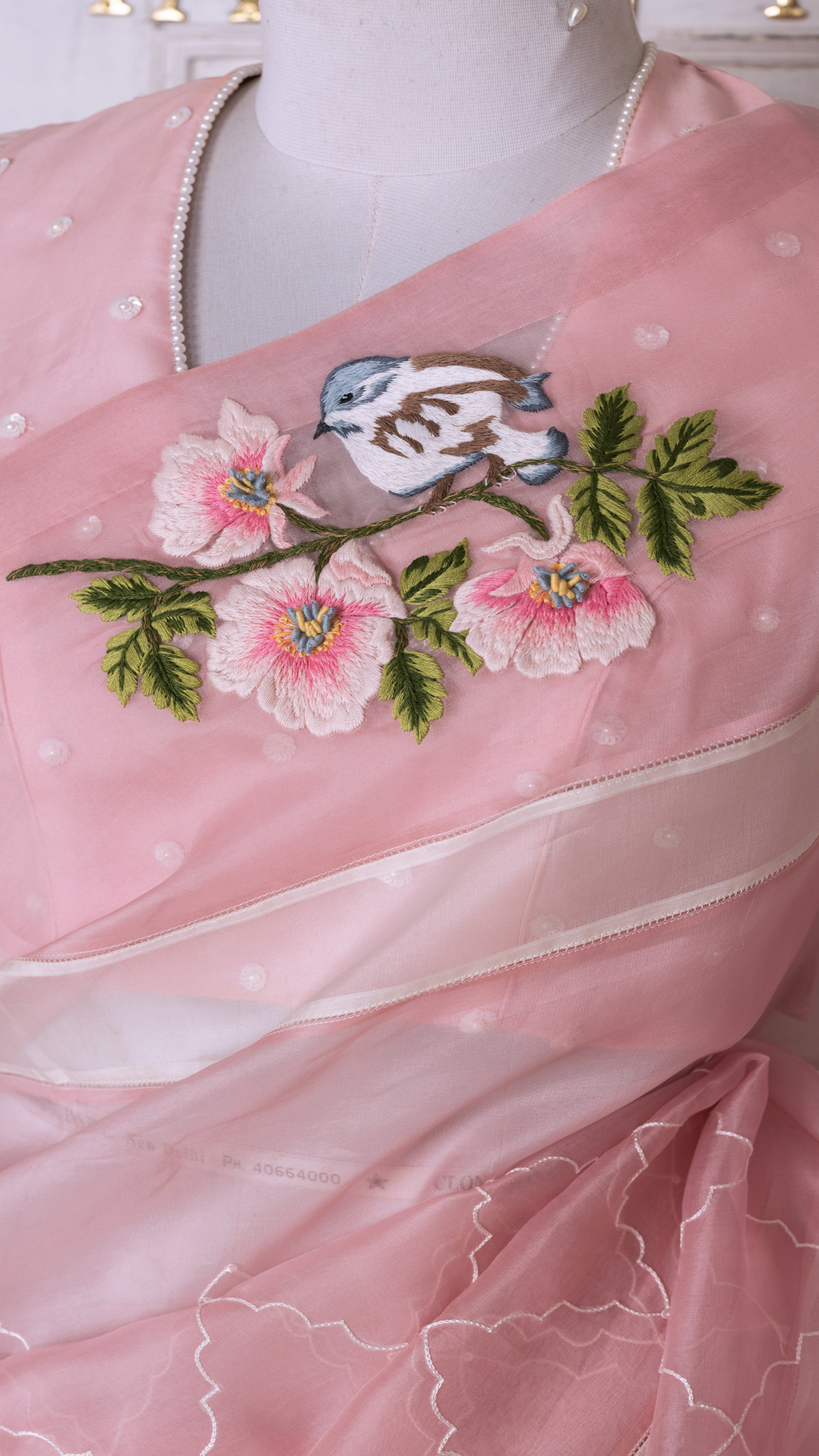 Pink Saree with Multicolour Embroidered Bird & Flower Motifs