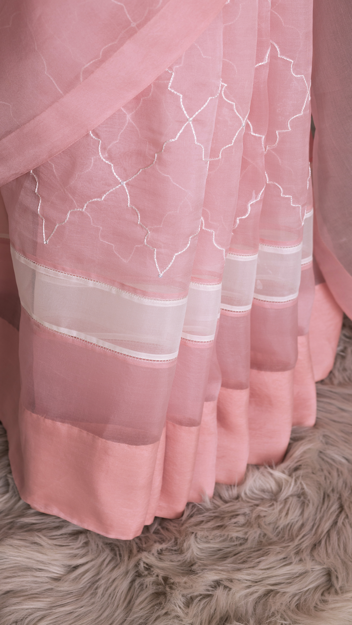 Pink Saree with Multicolour Embroidered Bird & Flower Motifs