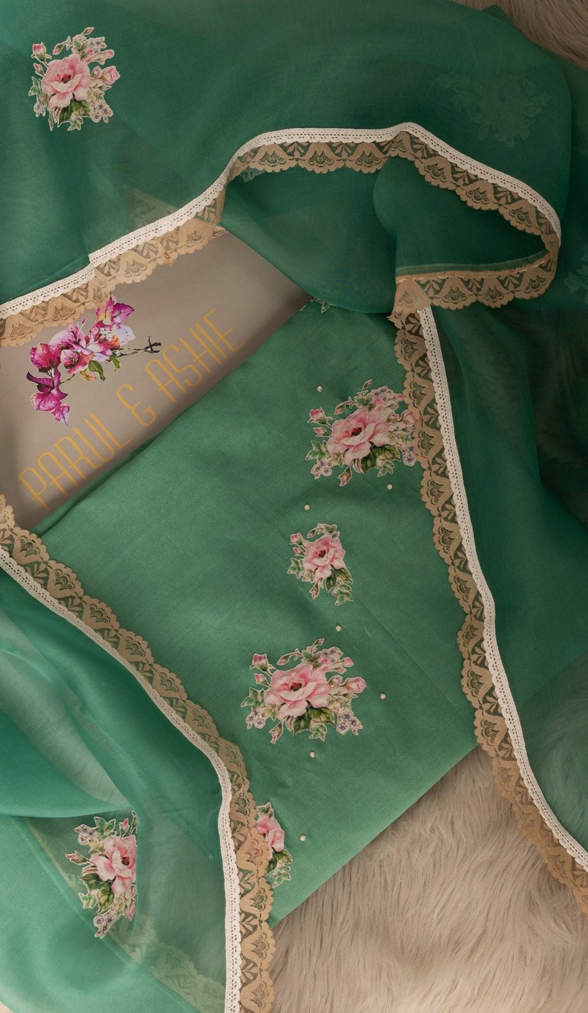 Jade Green Chanderi Suit with Floral Applique