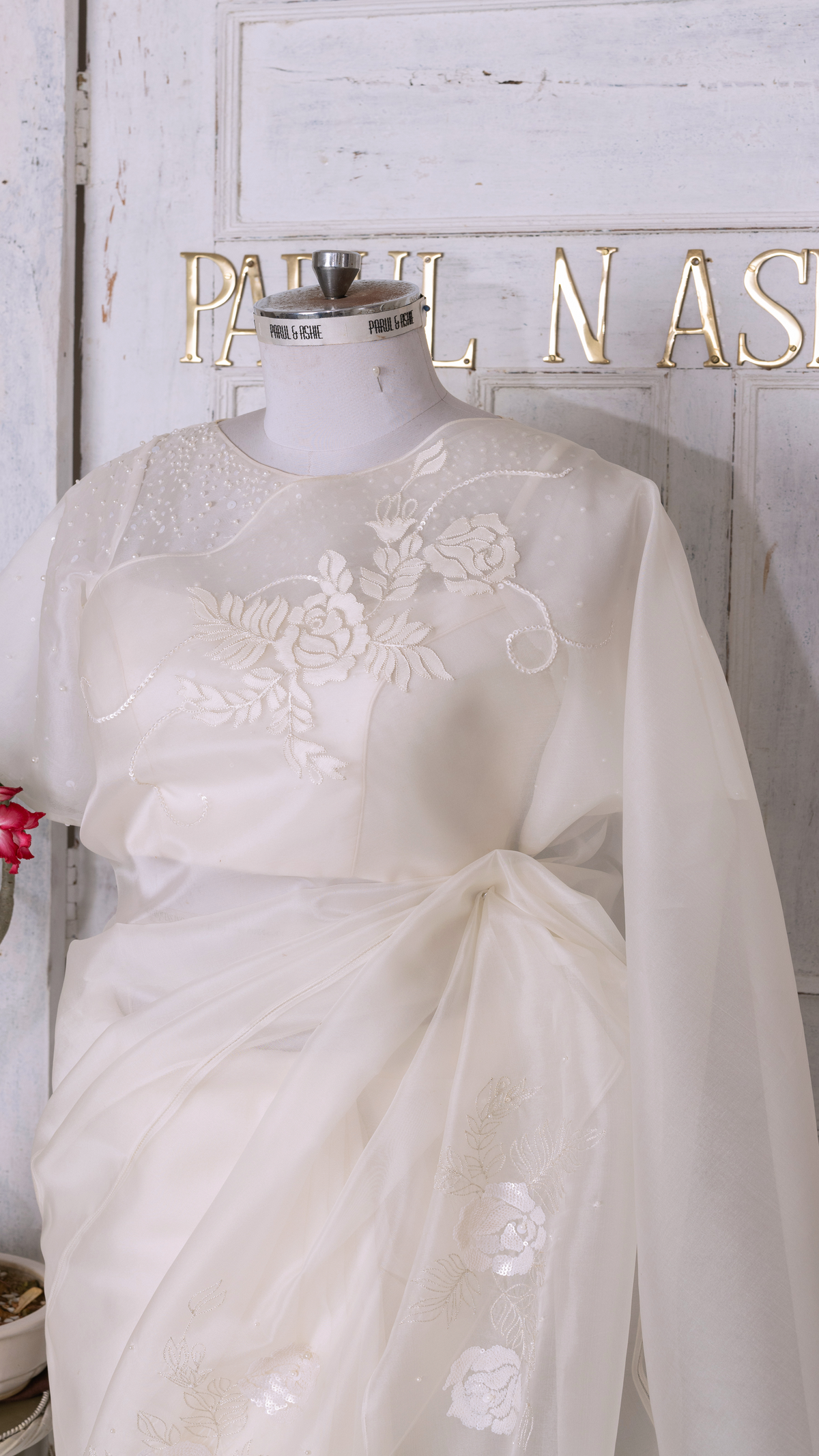 White Organza Saree with Shadow and Sequin Embroidery