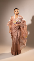 Mocha Organza Saree with Horizontal Stitching and Handwork
