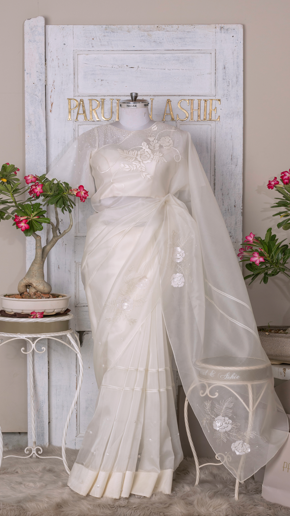 White Organza Saree with Shadow and Sequin Embroidery